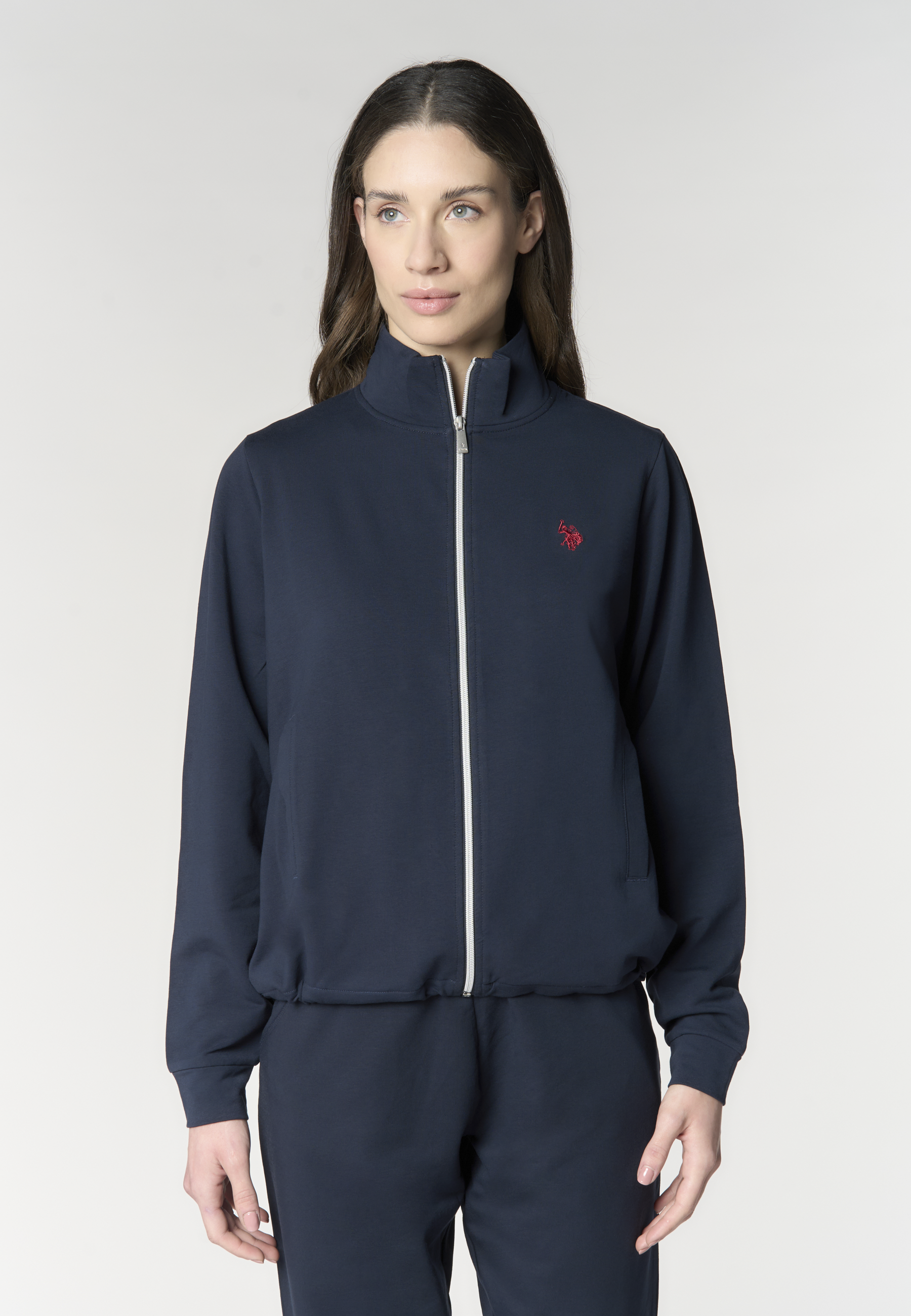 Felpa da donna con zip frontale e collo alto in cotone stretch