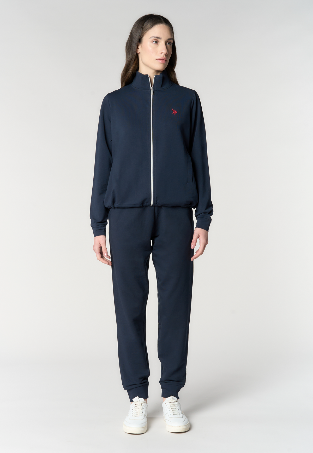 Felpa da donna con zip frontale e collo alto in cotone stretch