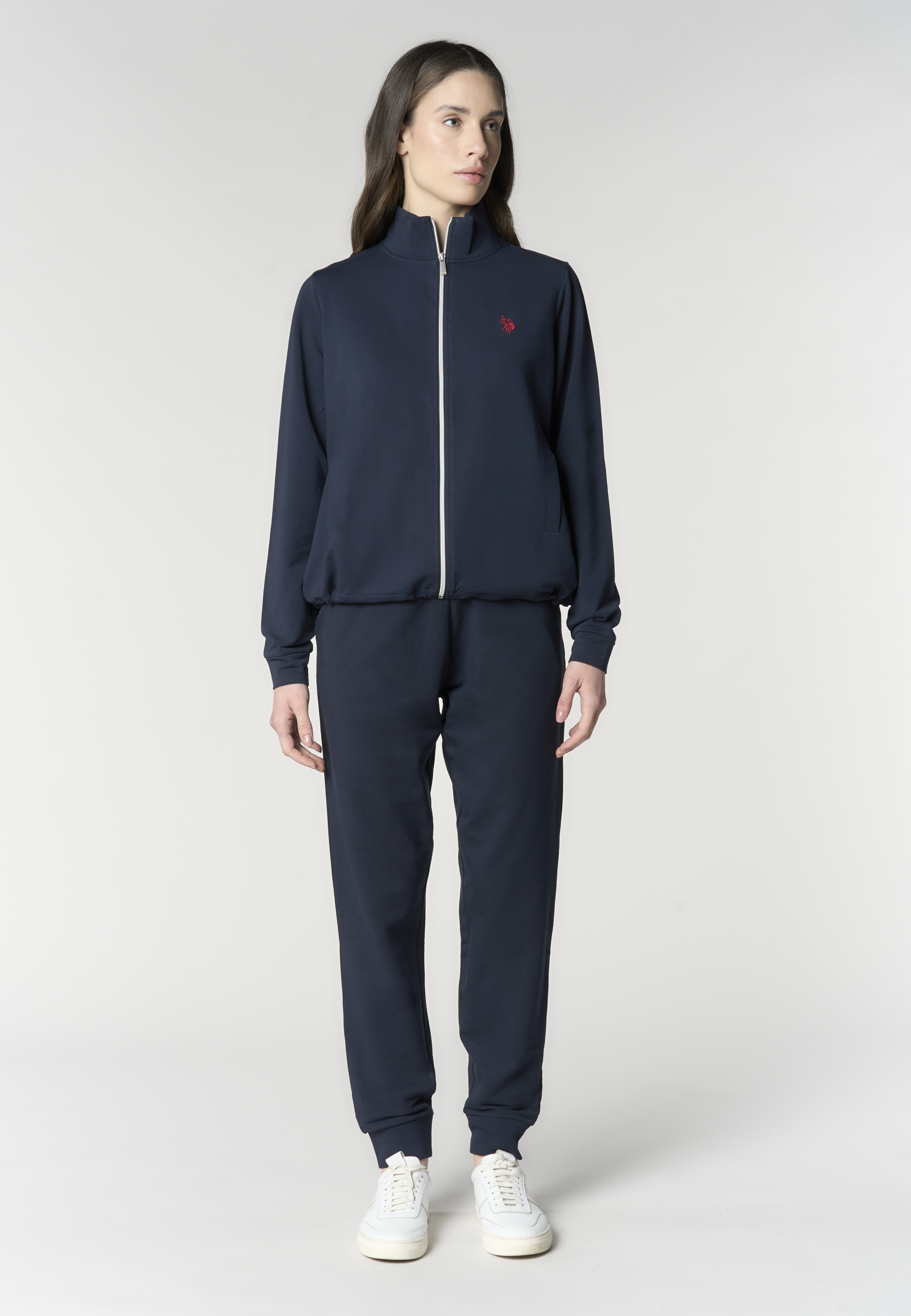 Felpa da donna con zip frontale e collo alto in cotone stretch