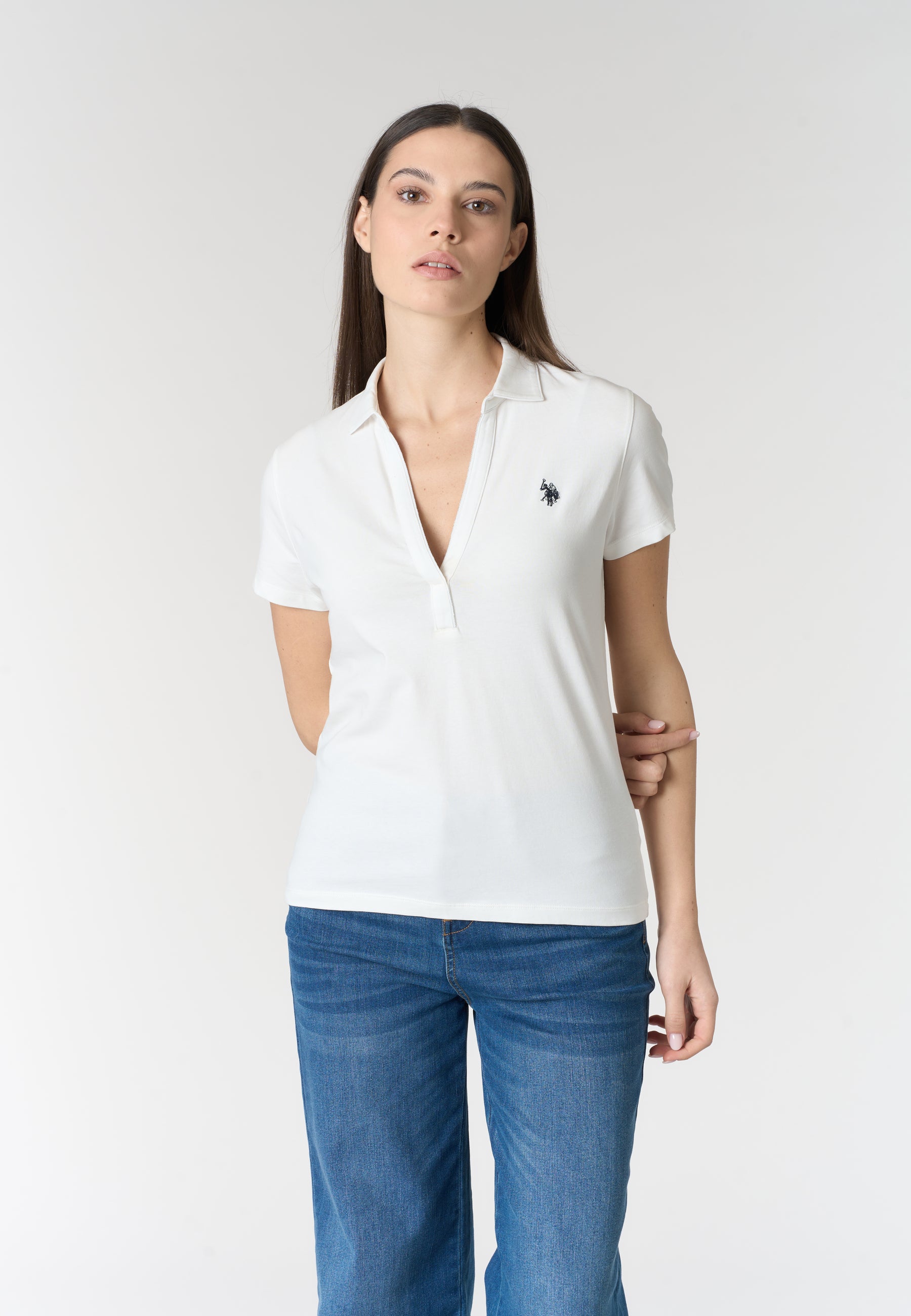 Polo shirt a maniche corte con scollo a V in cotone stretch