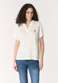 Polo shirt da donna con scollo a V in lino Premium Quality