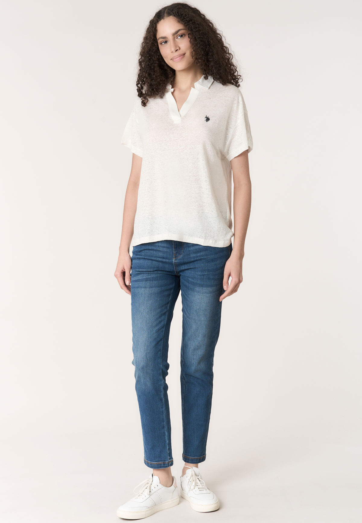 Polo shirt da donna con scollo a V in lino Premium Quality