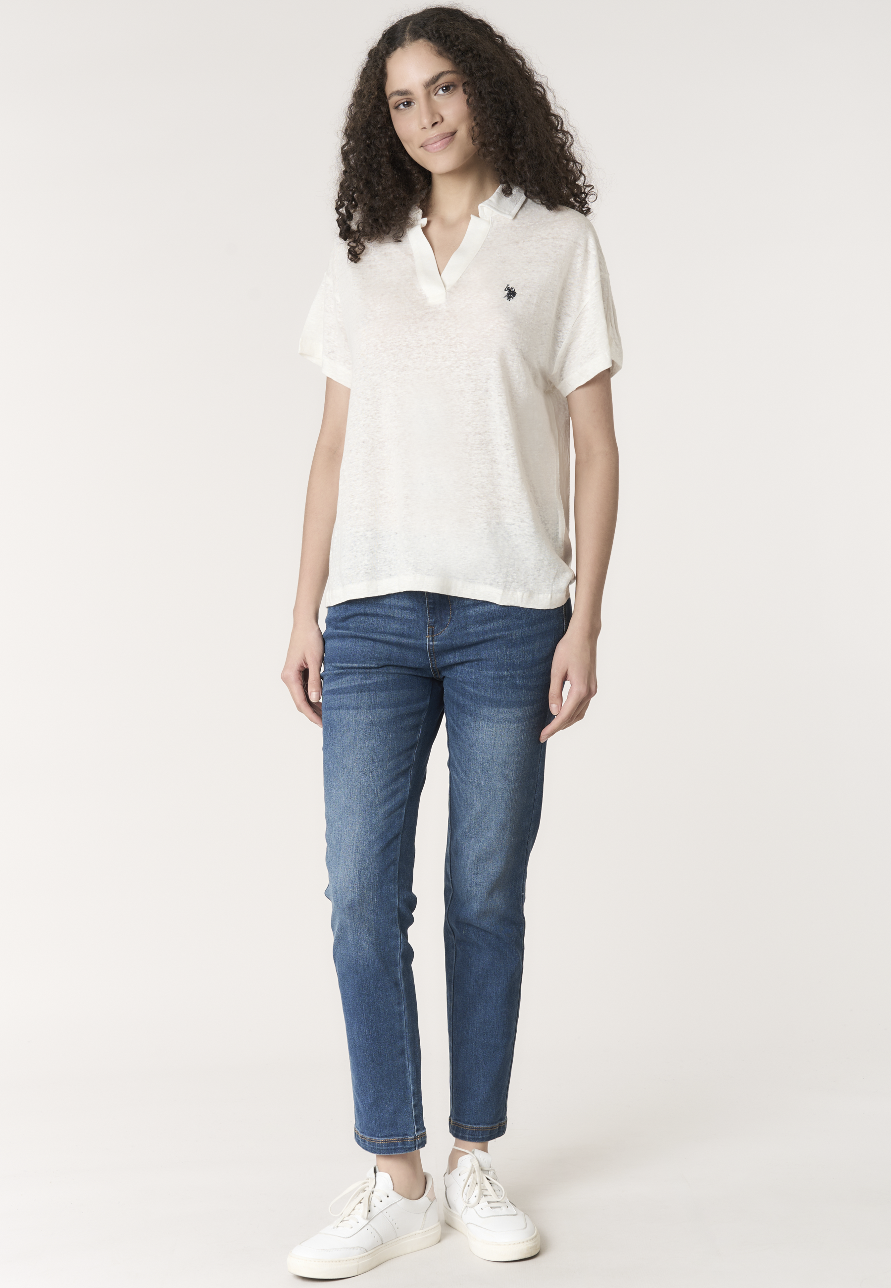 Polo shirt da donna con scollo a V in lino Premium Quality