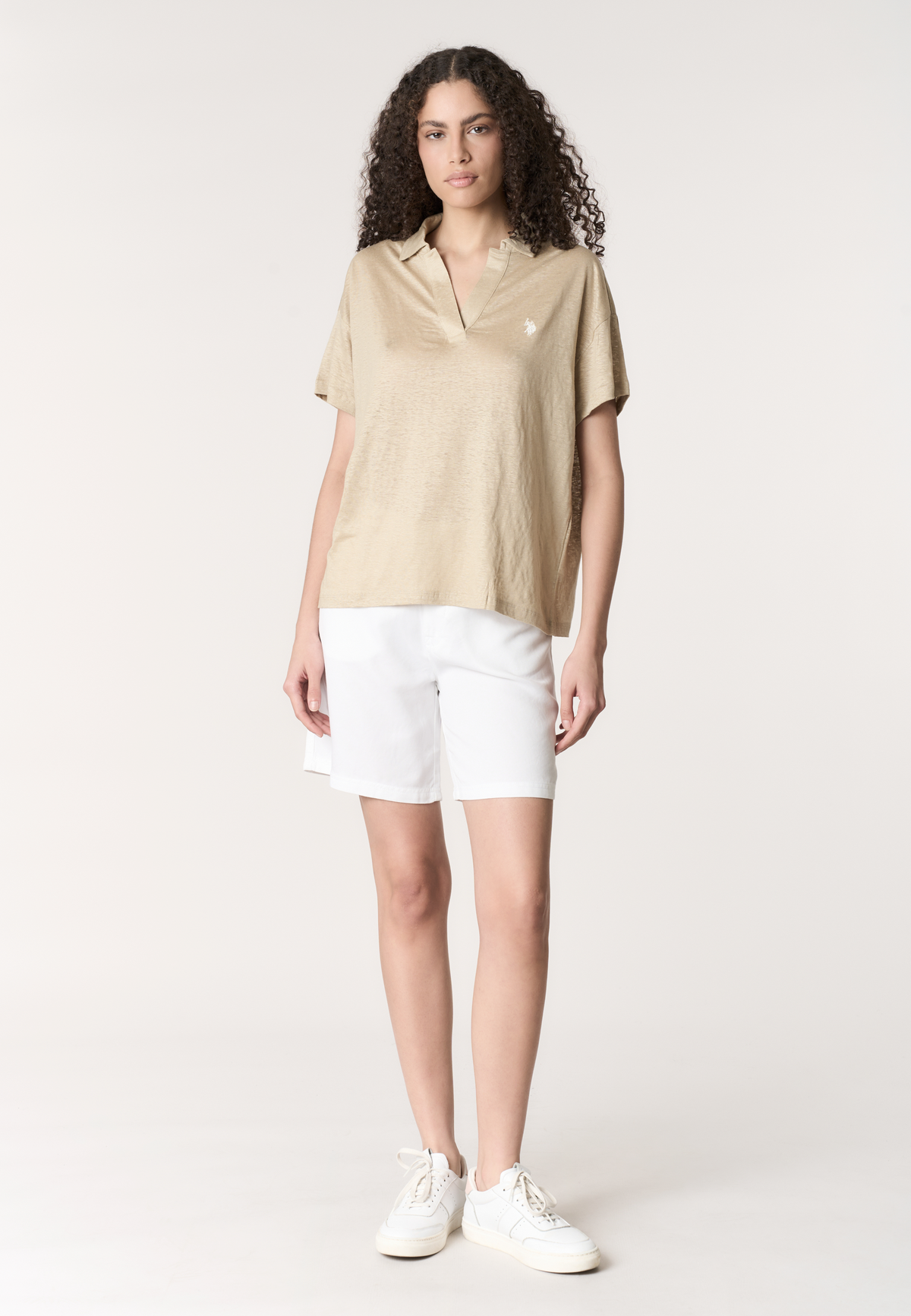 Polo shirt da donna con scollo a V in lino Premium Quality