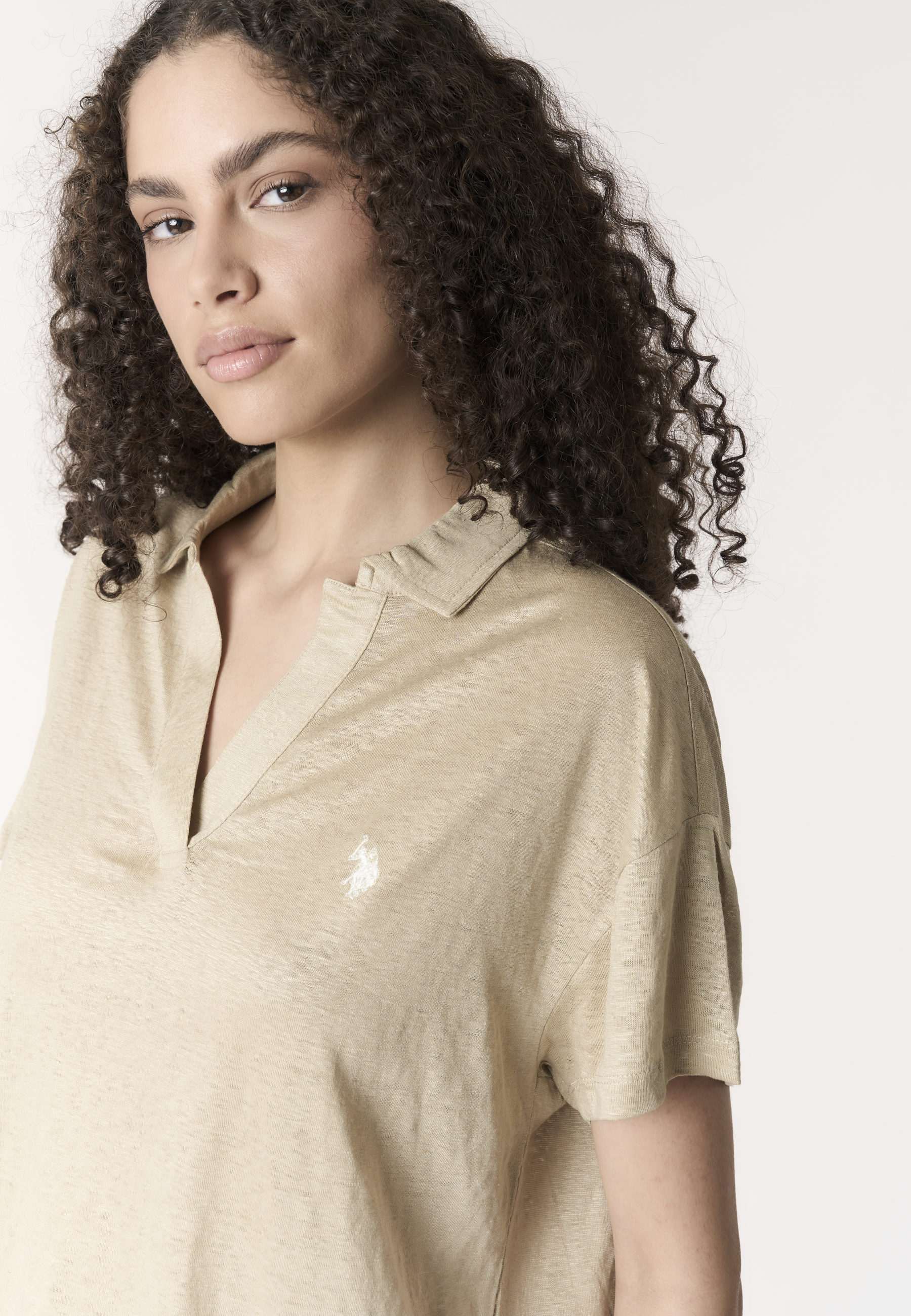 Polo shirt da donna con scollo a V in lino Premium Quality