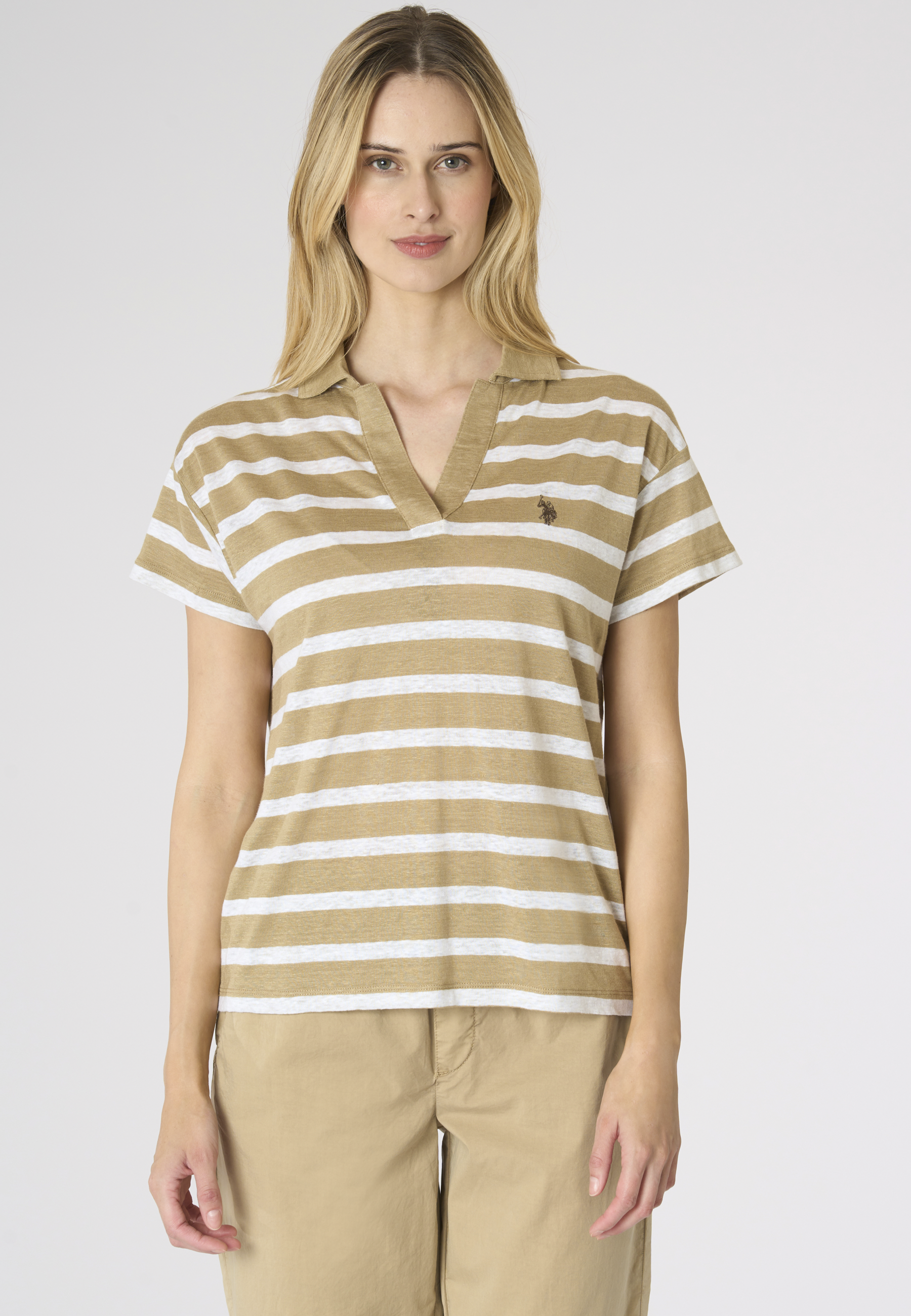 Polo shirt da donna cropped fit a righe in lino Premium Quality