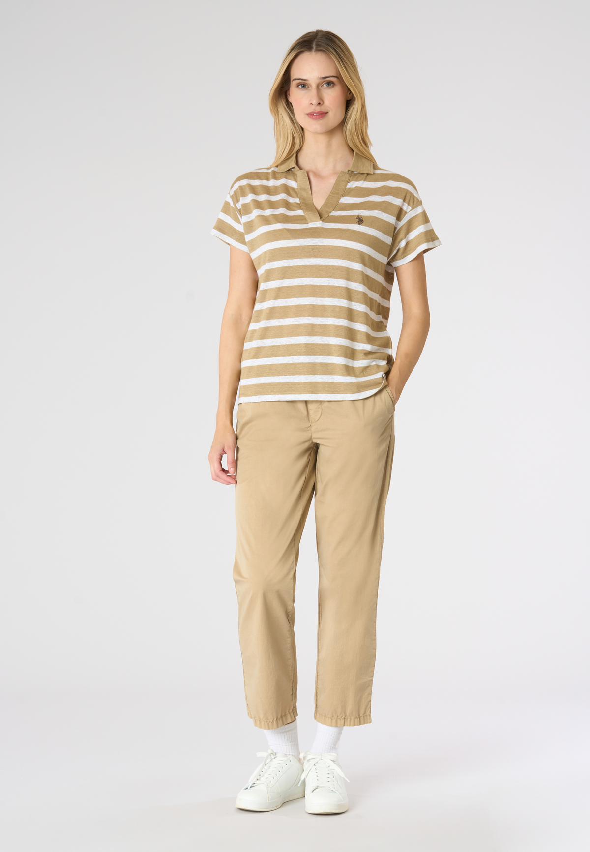 Polo shirt da donna cropped fit a righe in lino Premium Quality