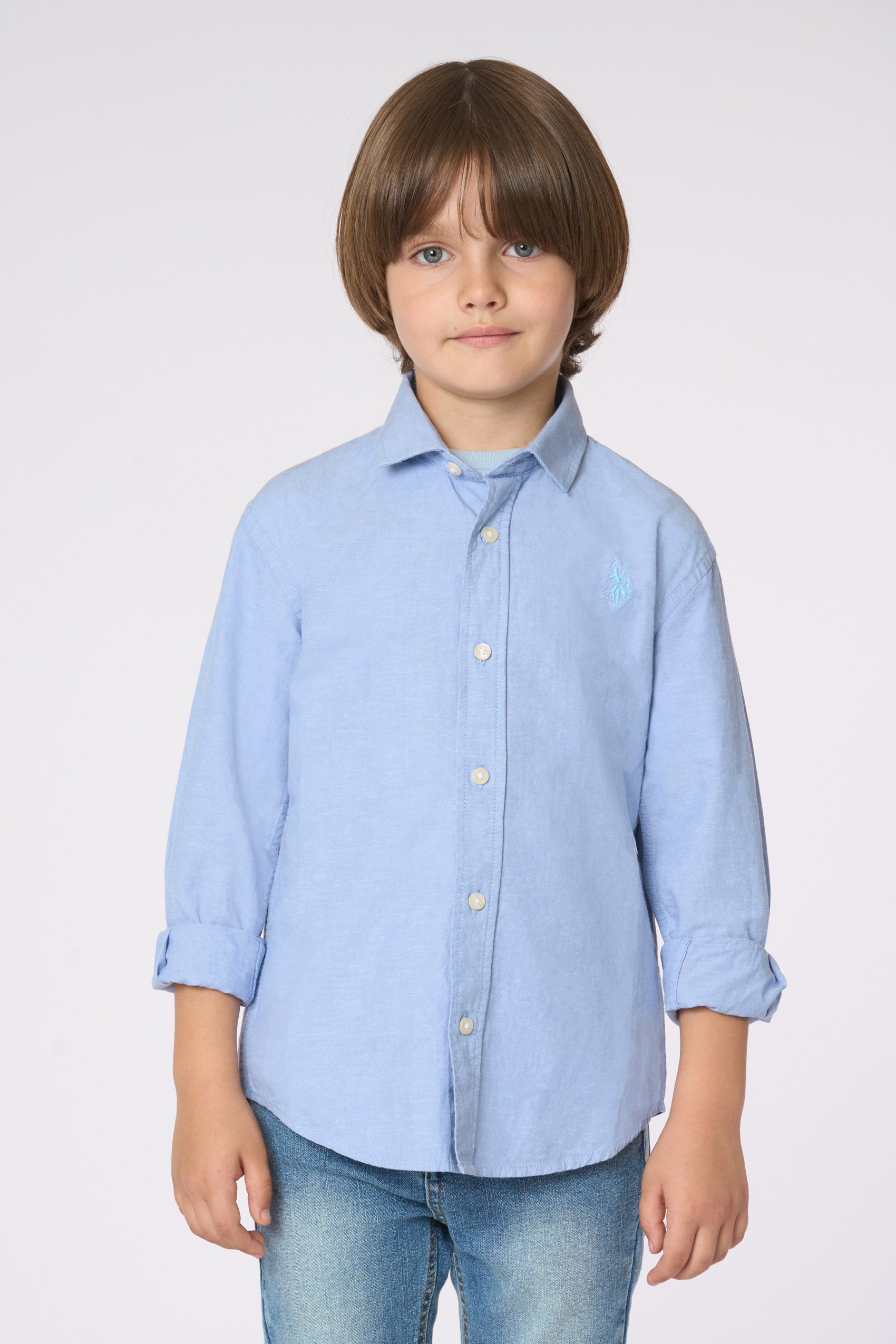 Camicia da bambino in misto cotone e lino con colletto classico