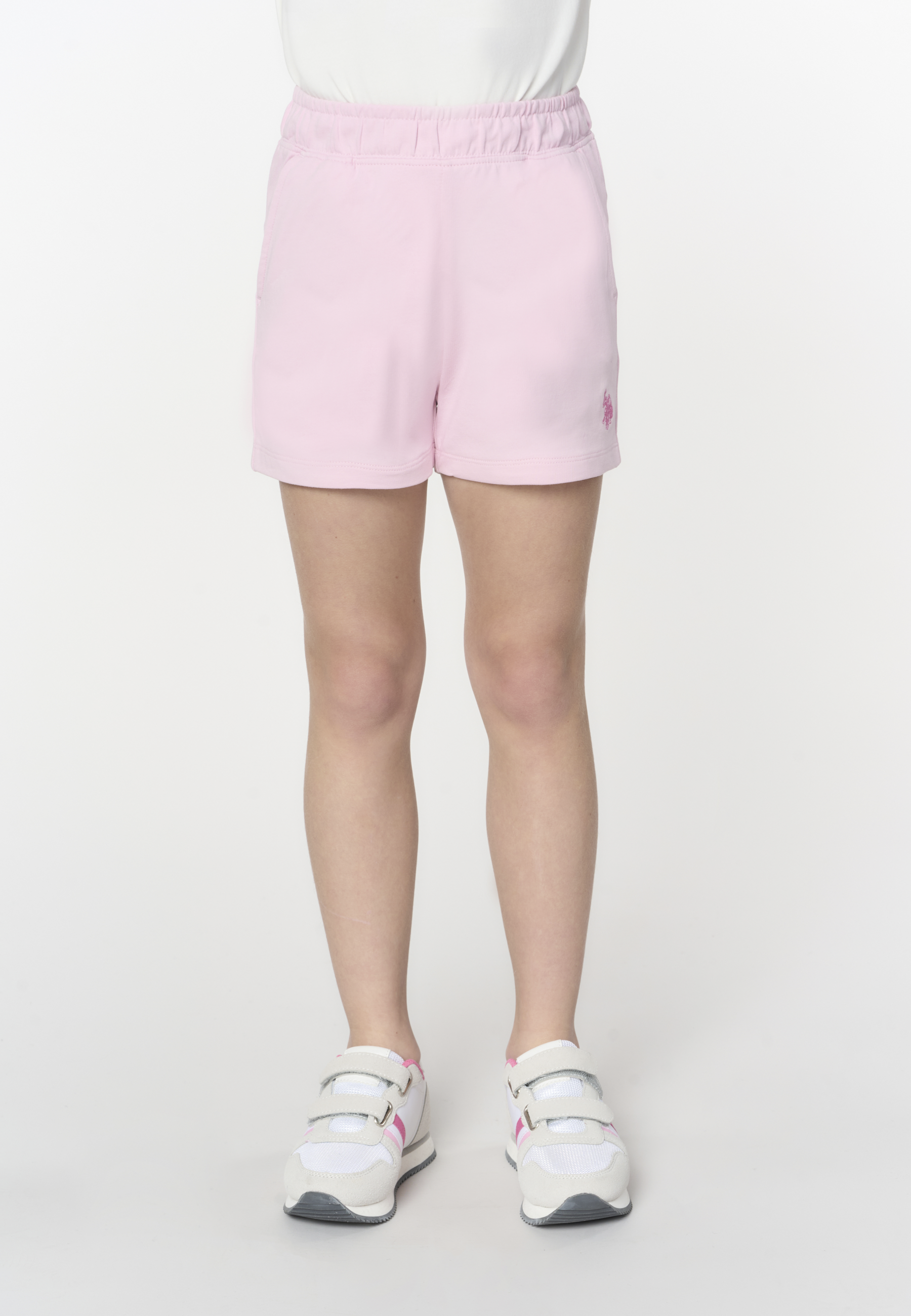 Short da bambina con vita elasticizzata, tasche laterali e logo ricamato