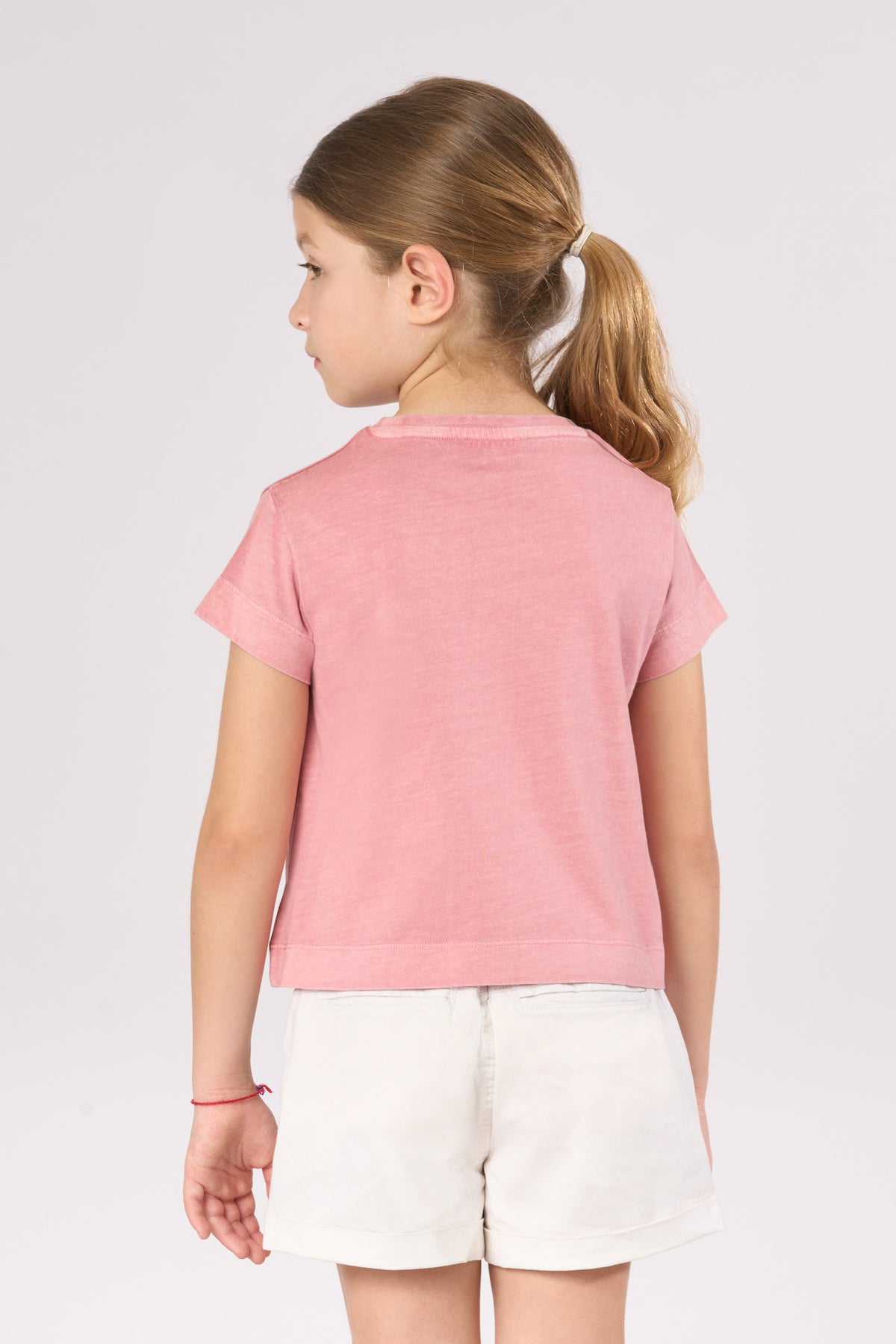 T-shirt da bambina a maniche corte in cotone tinto capo con logo ricamato