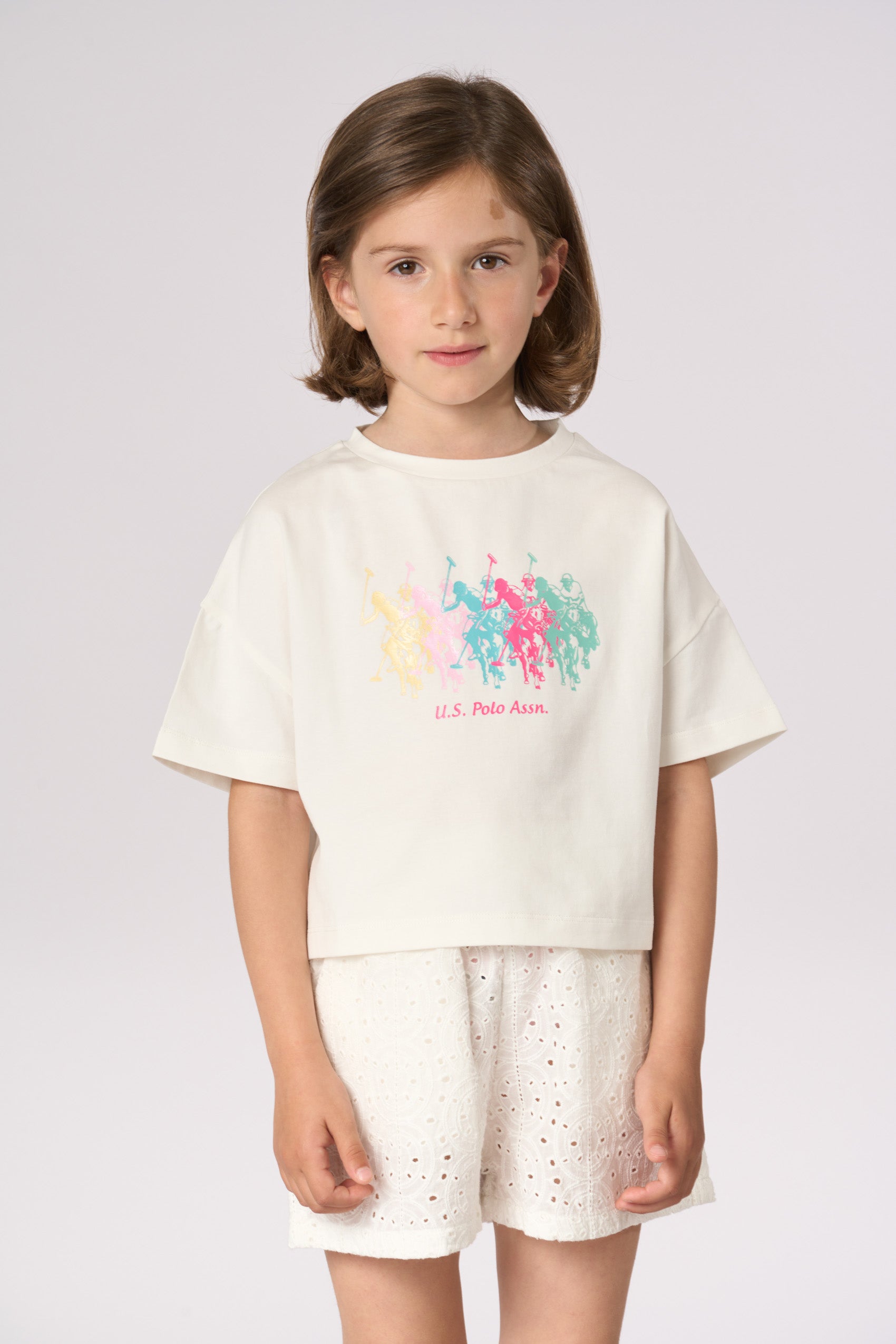 T-shirt da bambina crop fit con stampa Double Horsemen colorata