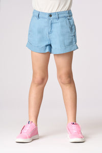 Short da bambina in denim twill con risvolto
