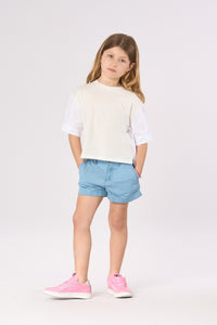 Short da bambina in denim twill con risvolto