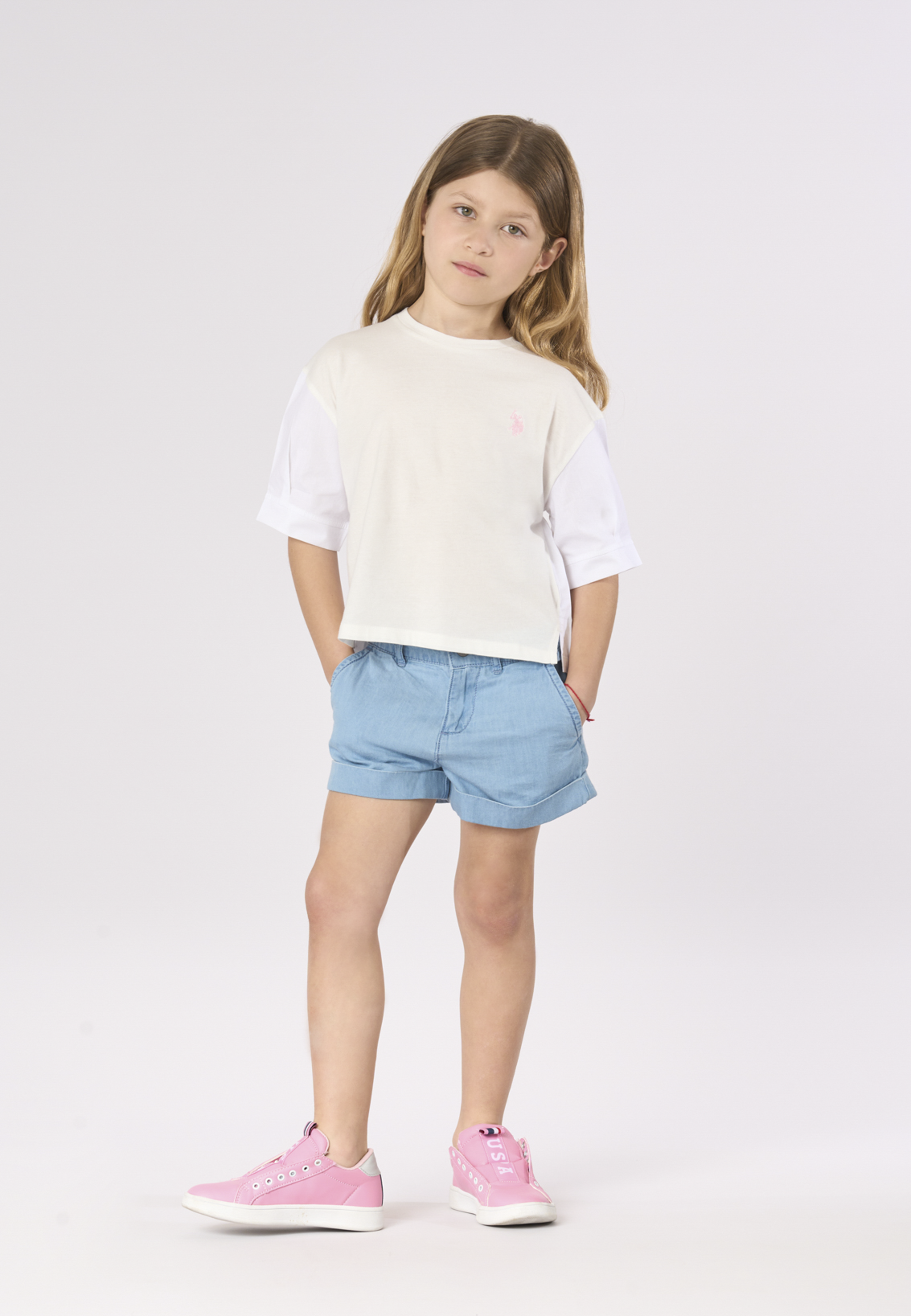 Short da bambina in denim twill con risvolto