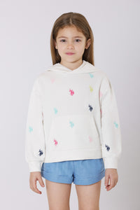 Felpa da bambina con cappuccio in cotone stretch con ricami all-over