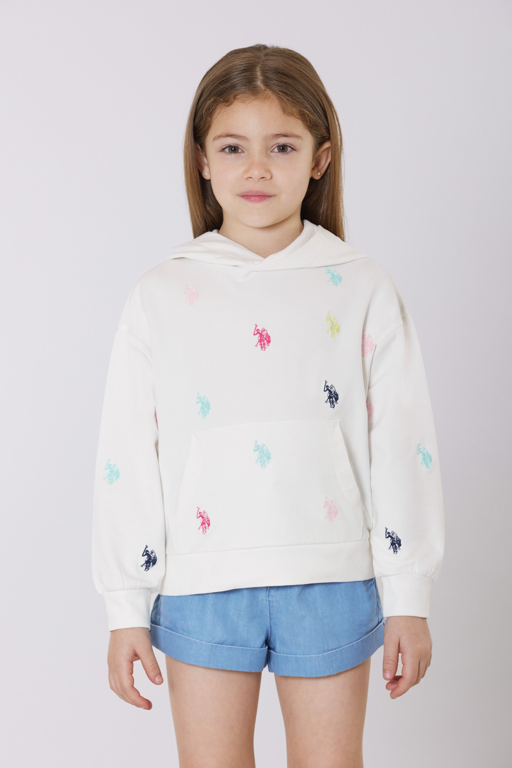 Felpa da bambina con cappuccio in cotone stretch con ricami all-over