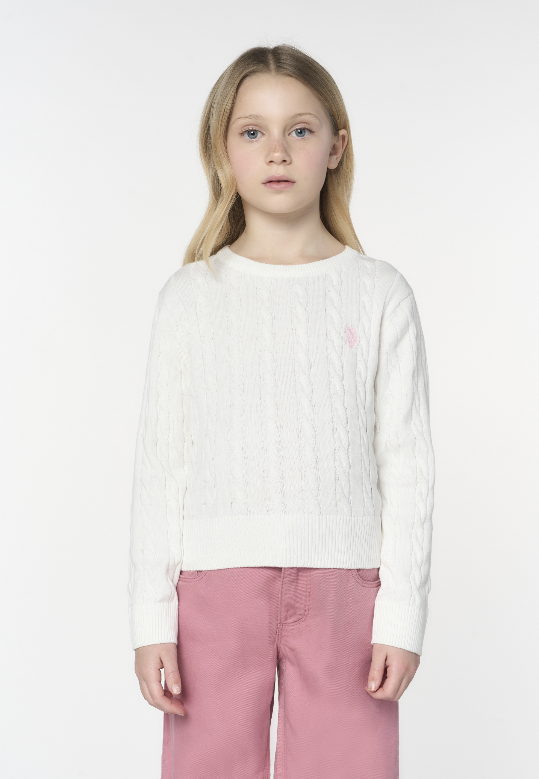 Maglia girocollo da bambina in cotone con lavorazione a treccia