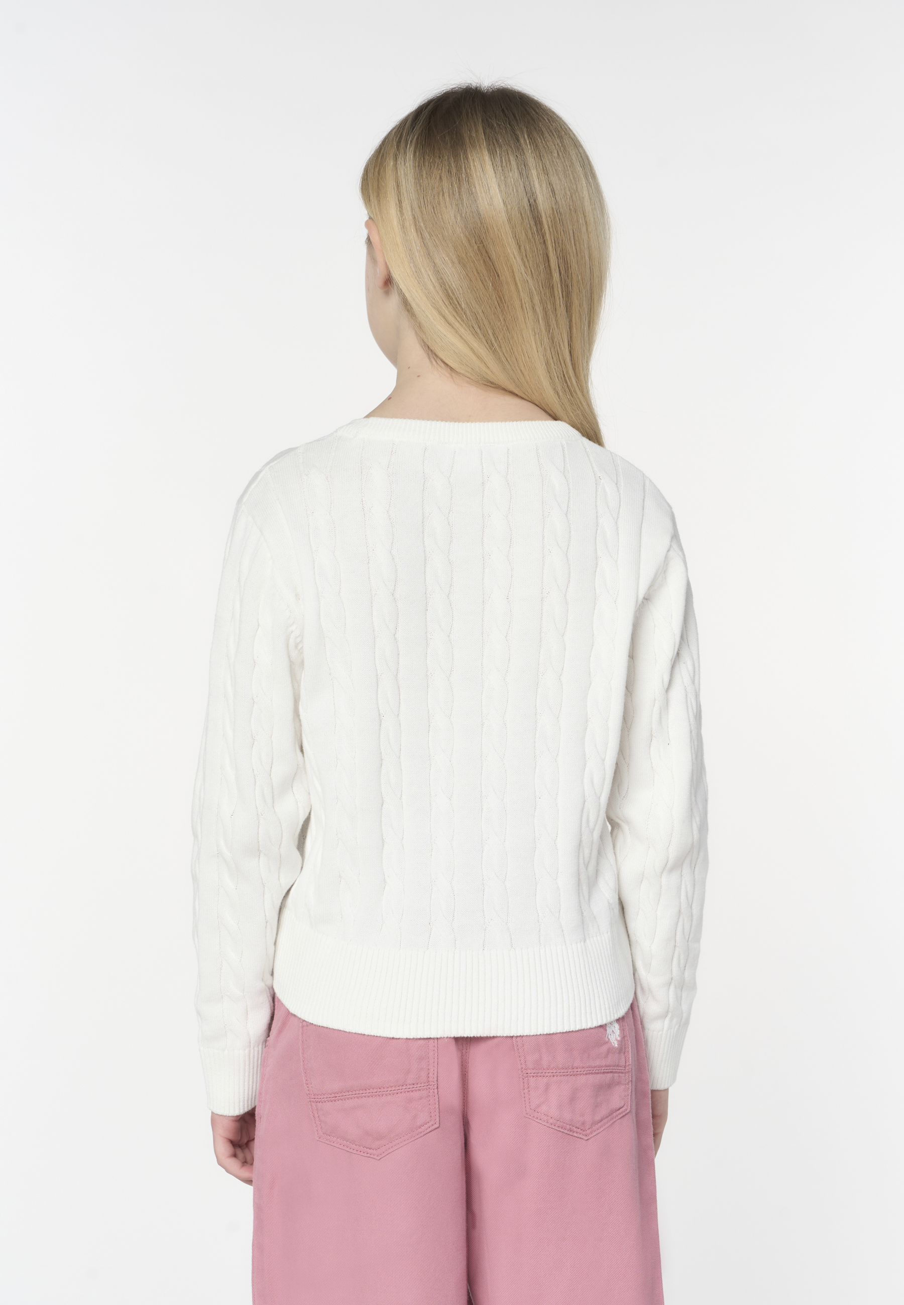 Maglia girocollo da bambina in cotone con lavorazione a treccia