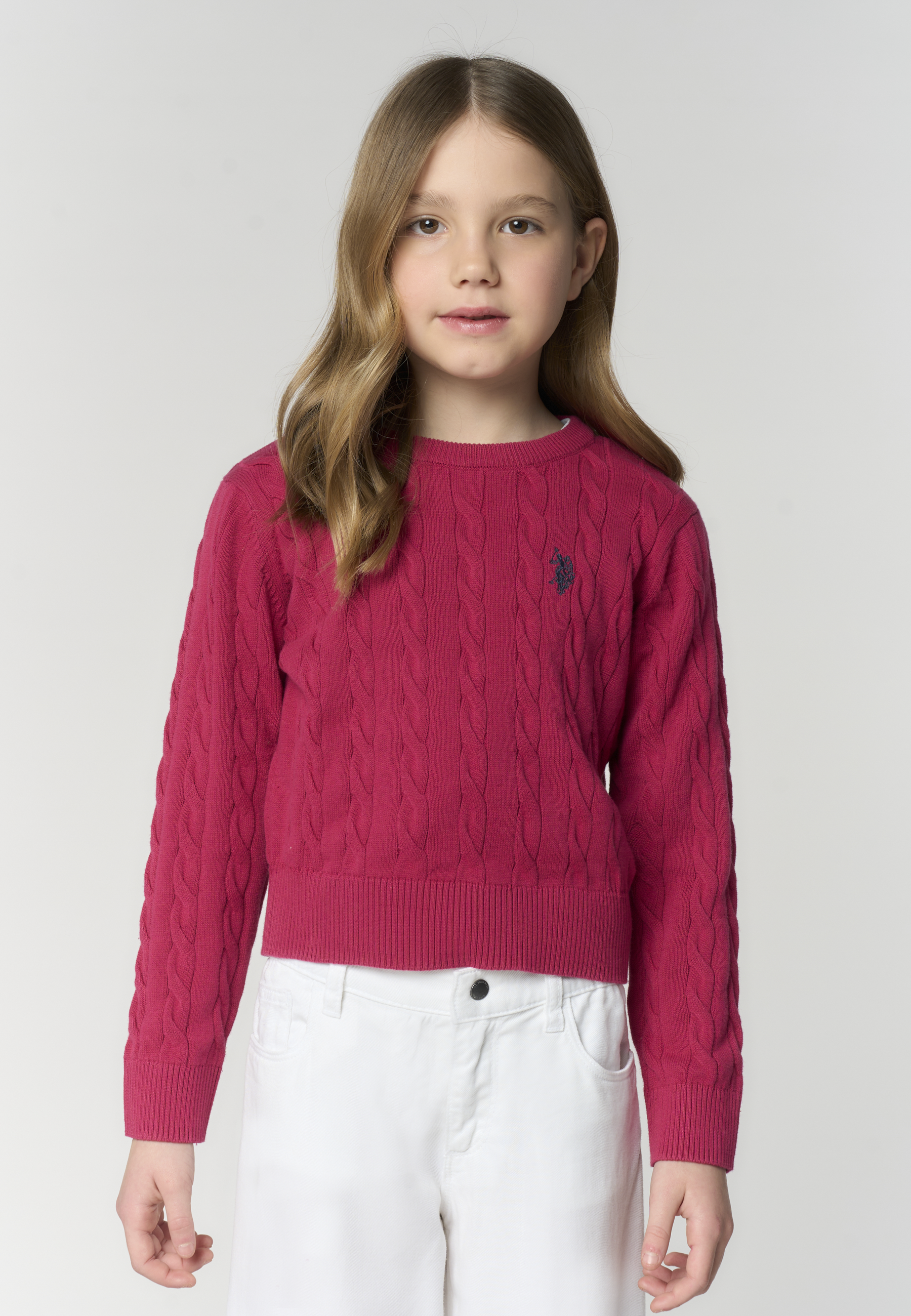 Maglia girocollo da bambina in cotone con lavorazione a treccia