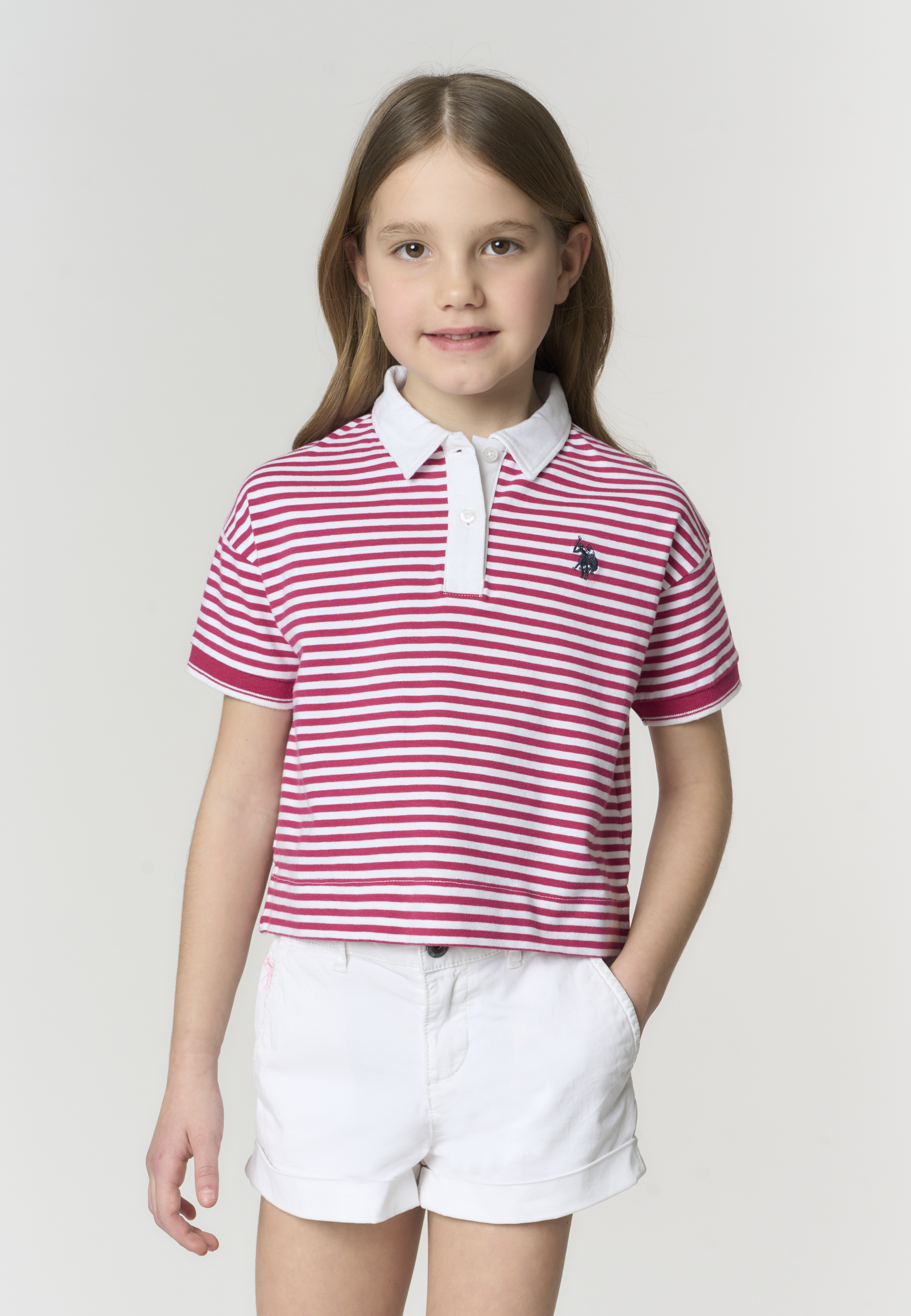 Polo shirt a righe da bambina con colletto a contrasto