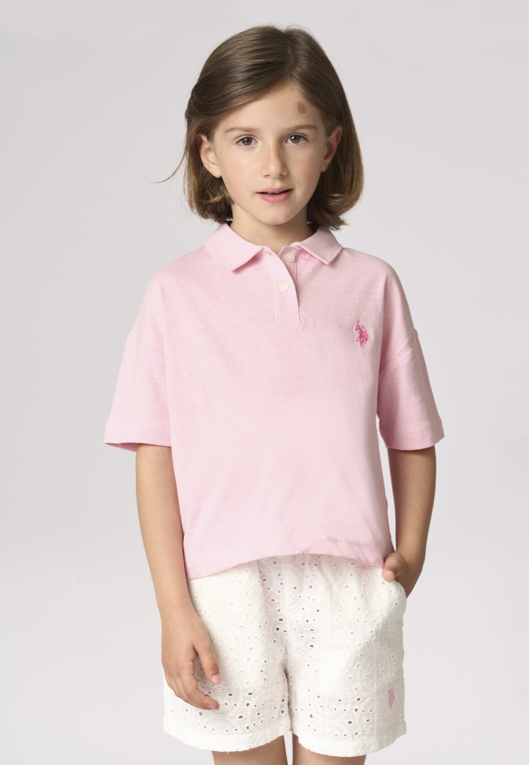 Polo shirt a maniche corte da bambina in misto cotone e lino