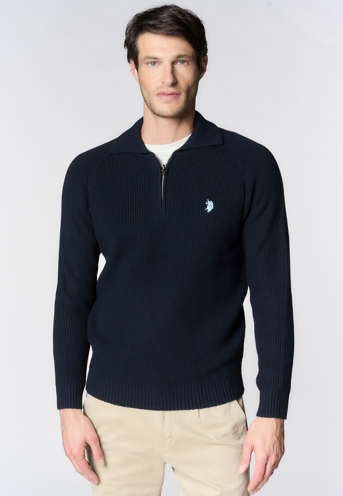 Maglia mezza zip in cotone e lana con logo
