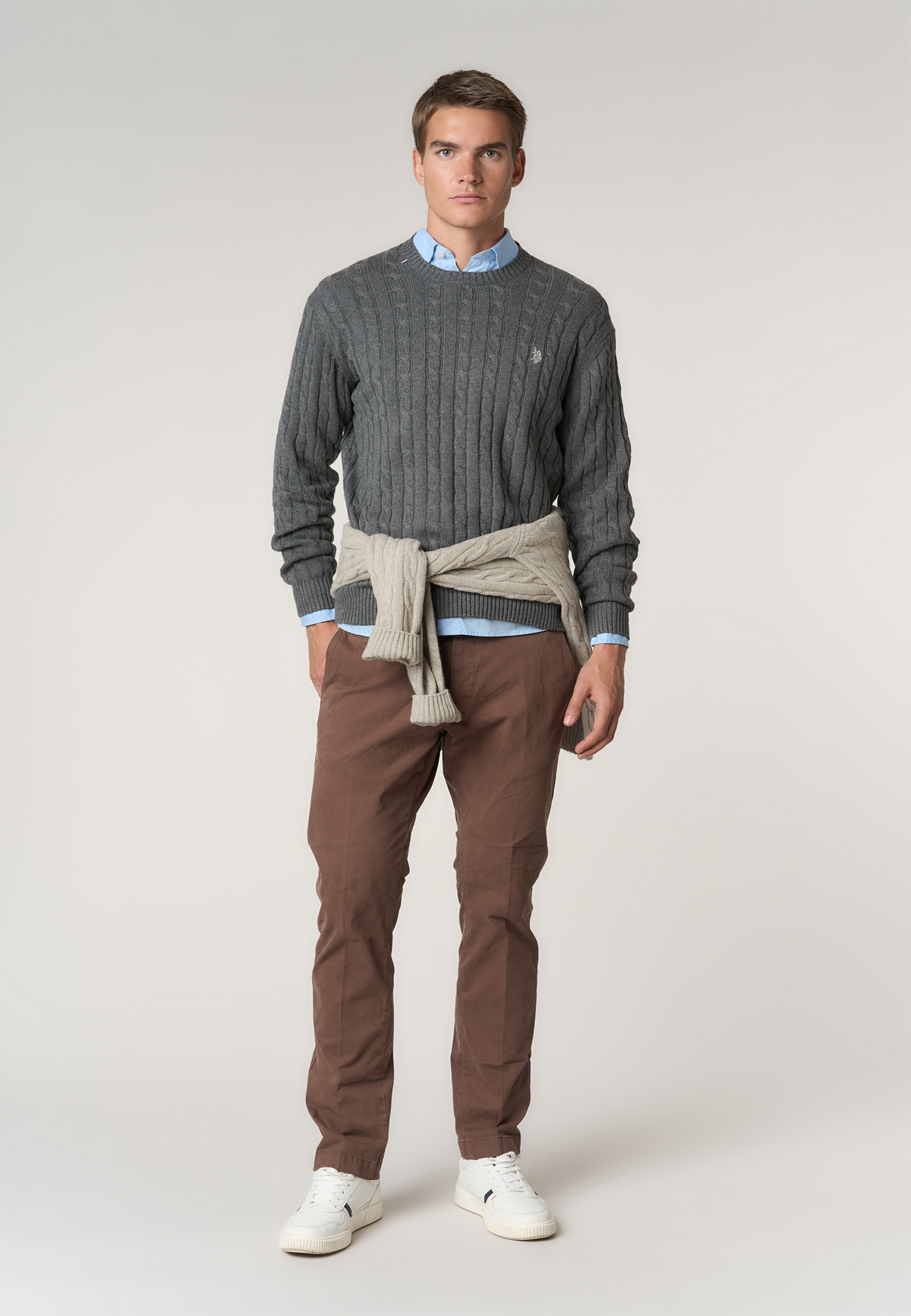 Maglia girocollo a trecce in cotone e cashmere