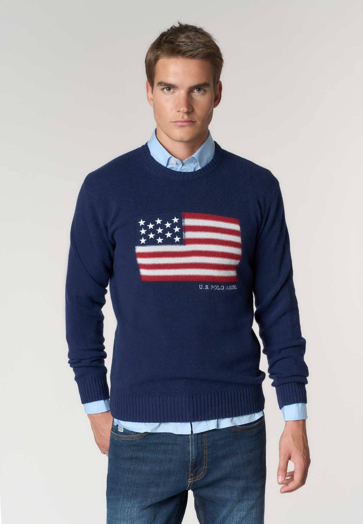Maglia girocollo in lana merino con bandiera