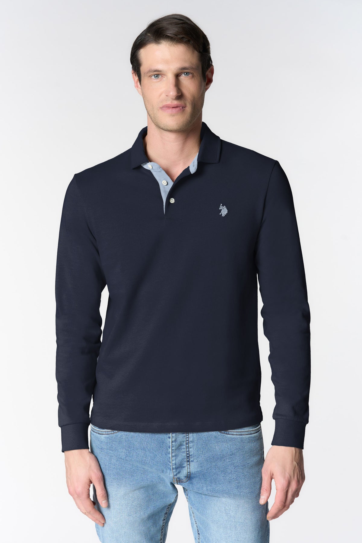 Polo shirt a maniche lunghe in cotone con toppe sui gomiti