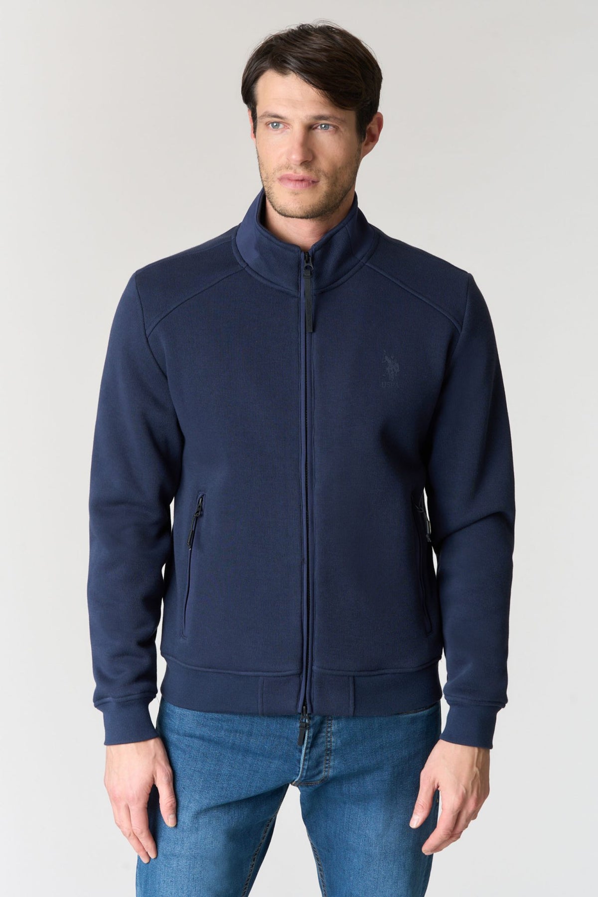 Felpa full zip in cotone a coste con collo alto