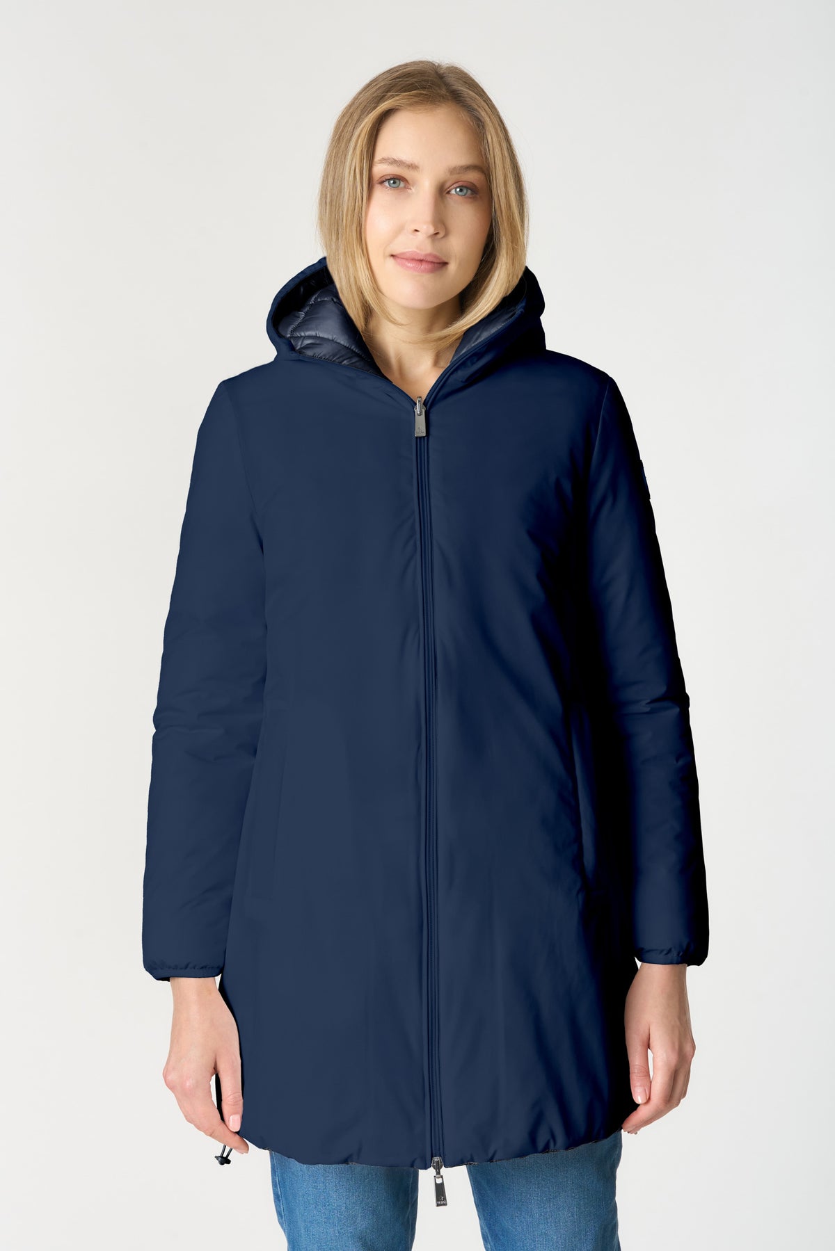 Giacca lunga reversibile da donna con cappuccio