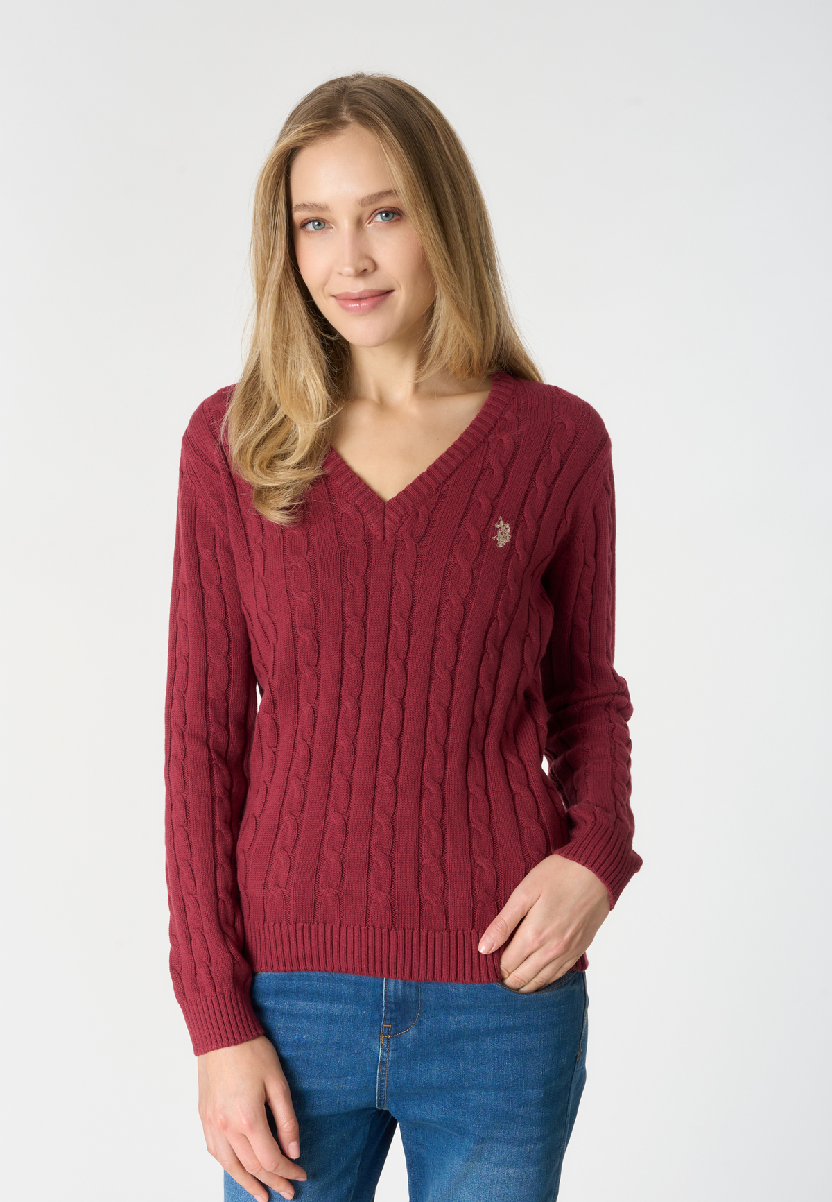 Maglia da donna in cotone e cashmere con lavorazione a trecce