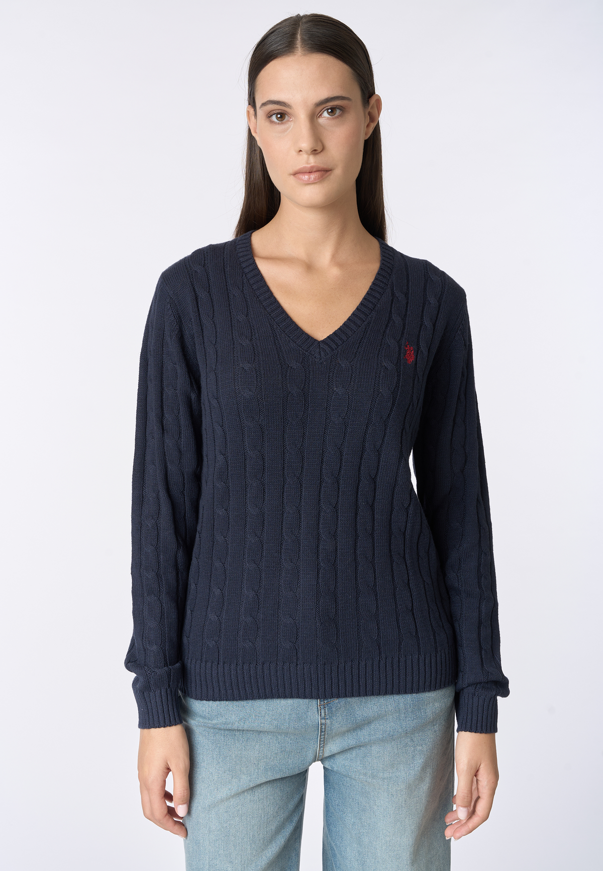 Maglia scollo a V in cotone e cashmere con lavorazione a trecce