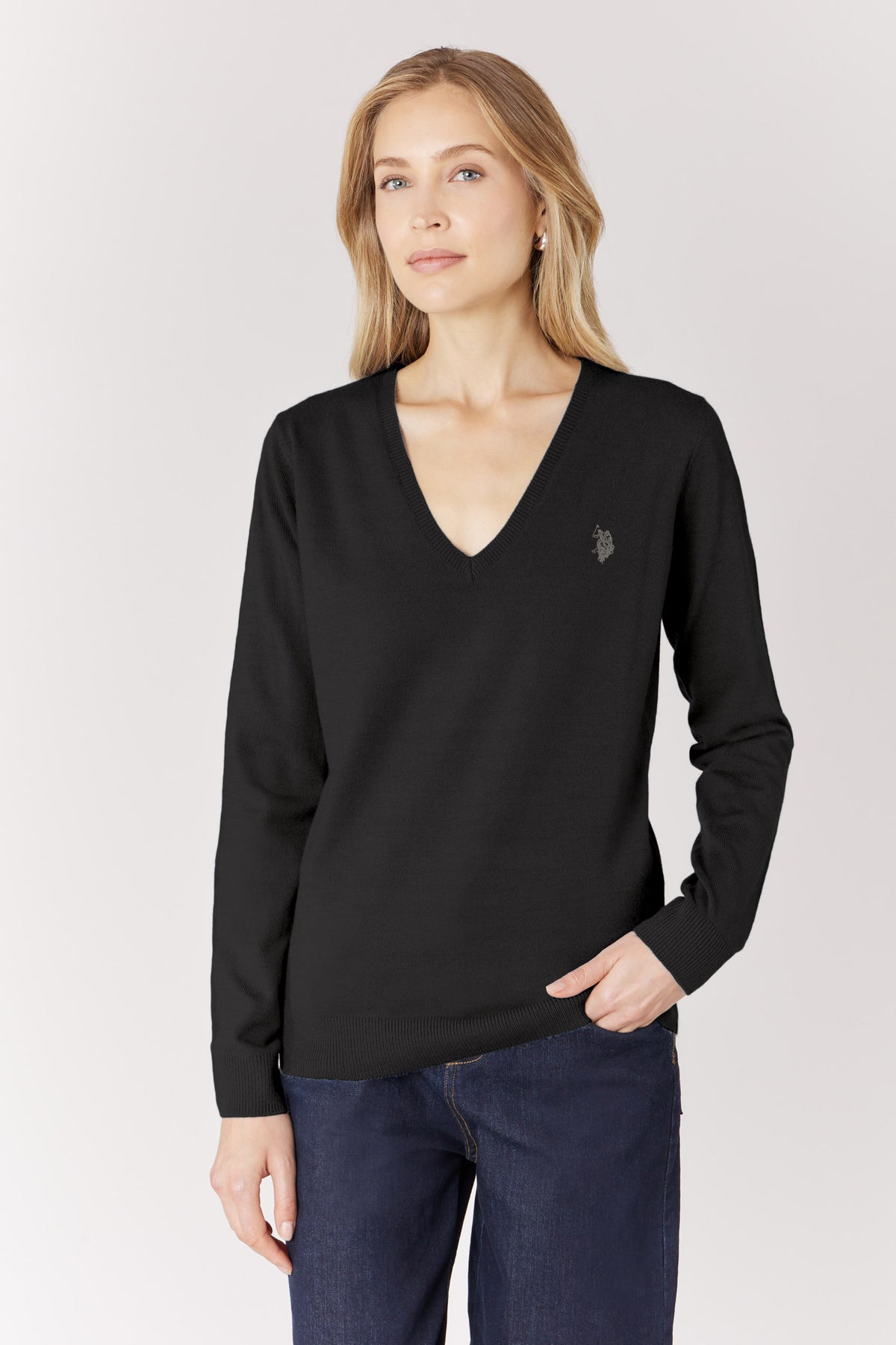 Maglia donna con scollo a V e logo Double Horsemen