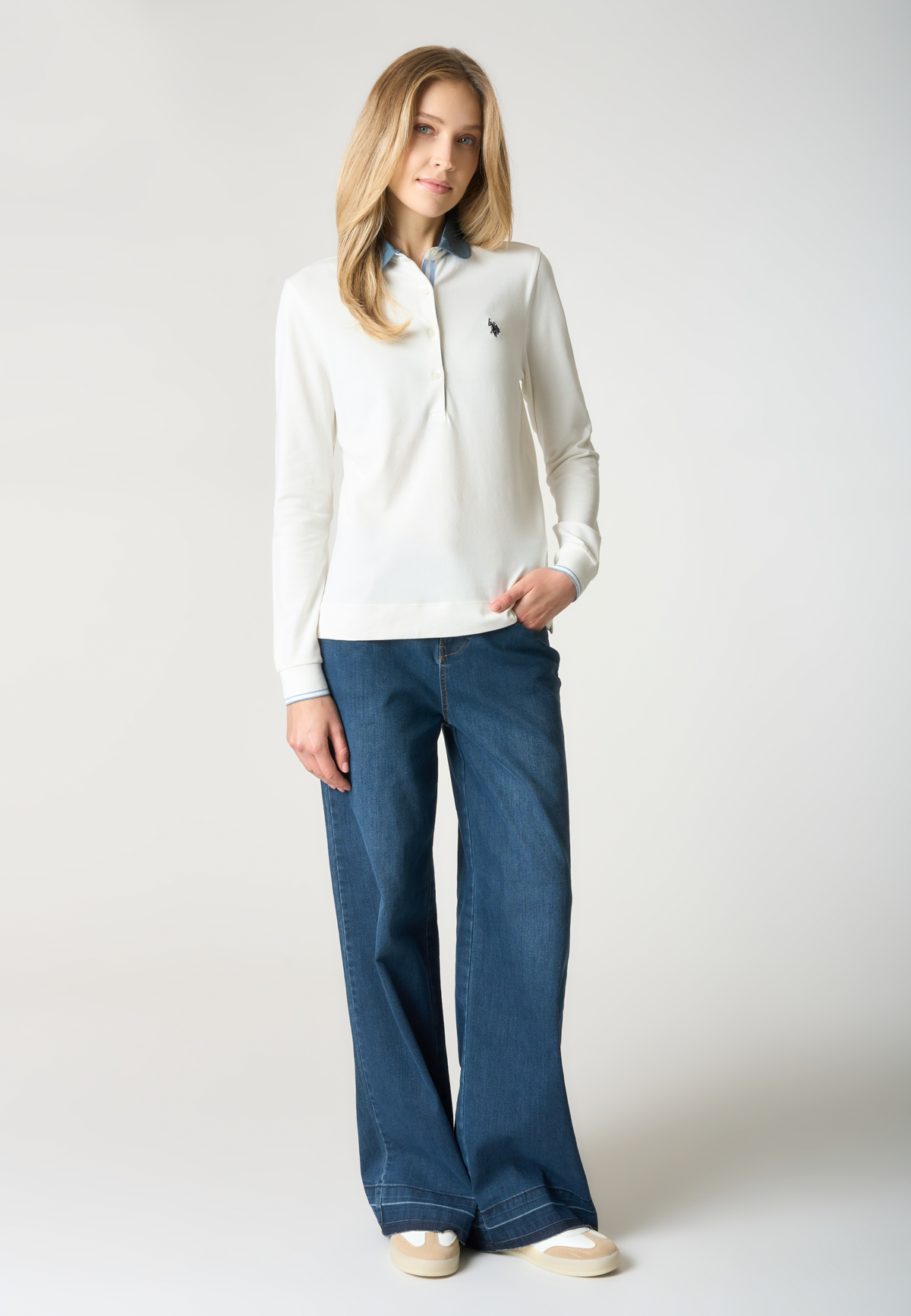 Polo shirt a maniche lunghe in cotone stretch con colletto a contrasto
