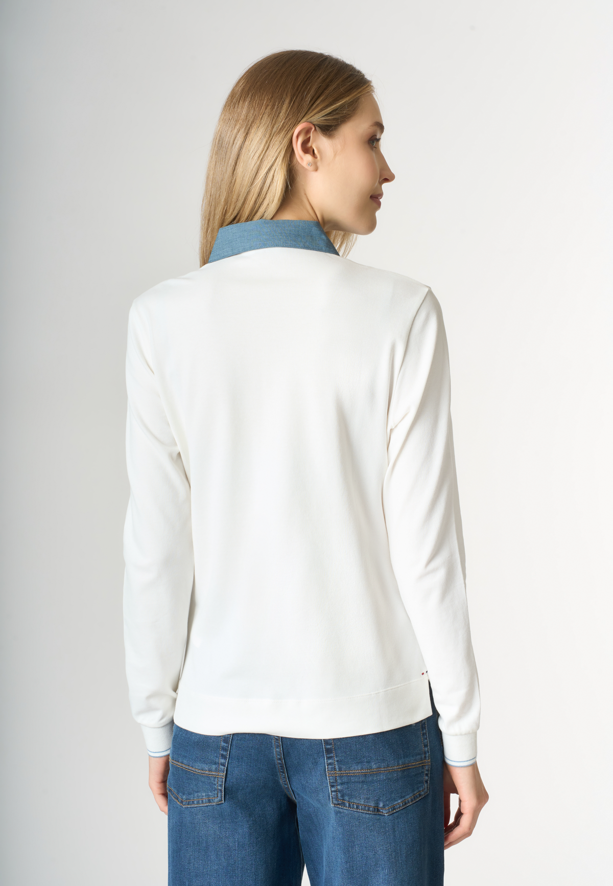 Polo shirt a maniche lunghe in cotone stretch con colletto a contrasto