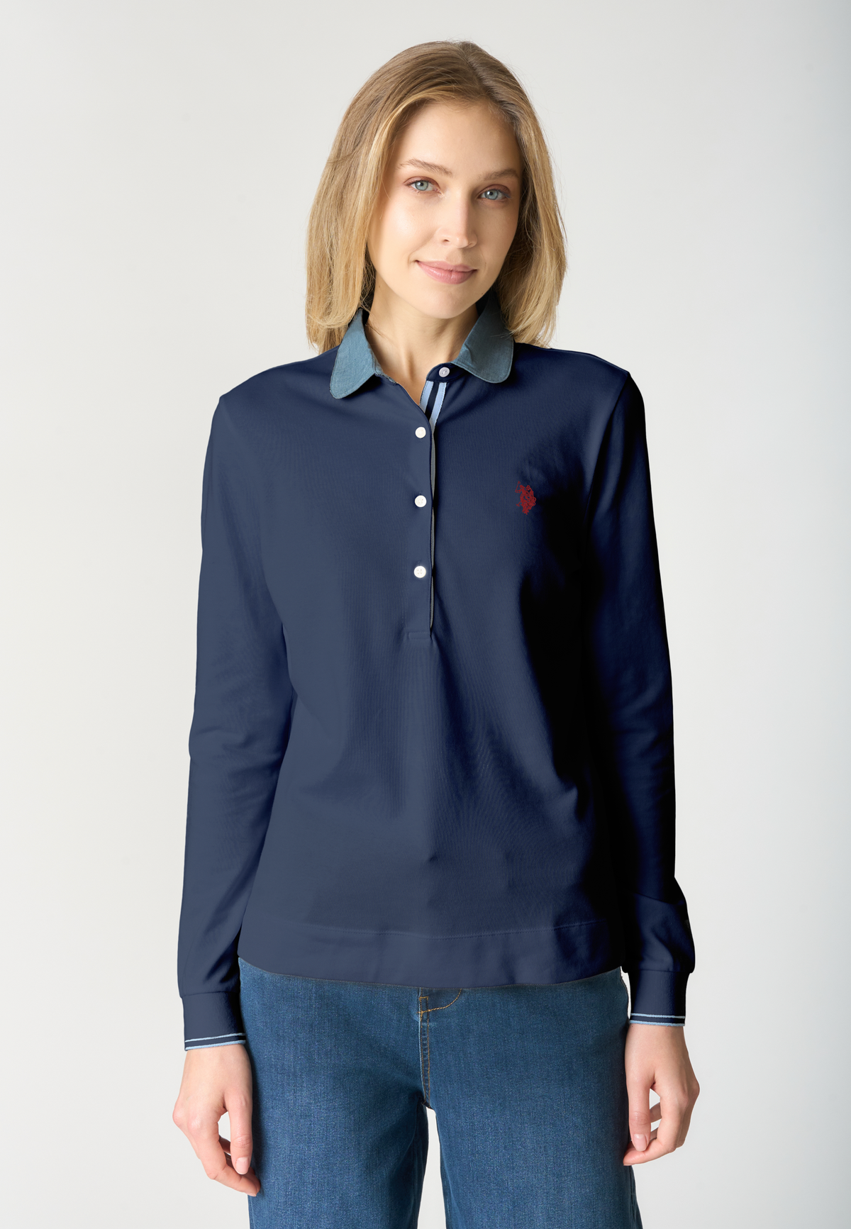 Polo shirt a maniche lunghe in cotone stretch con colletto a contrasto