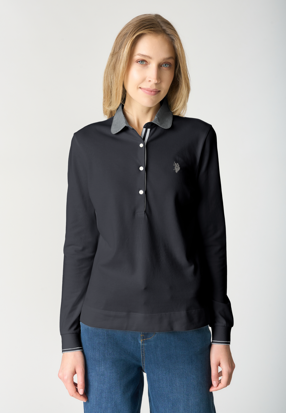 Polo shirt a maniche lunghe in cotone stretch con colletto a contrasto