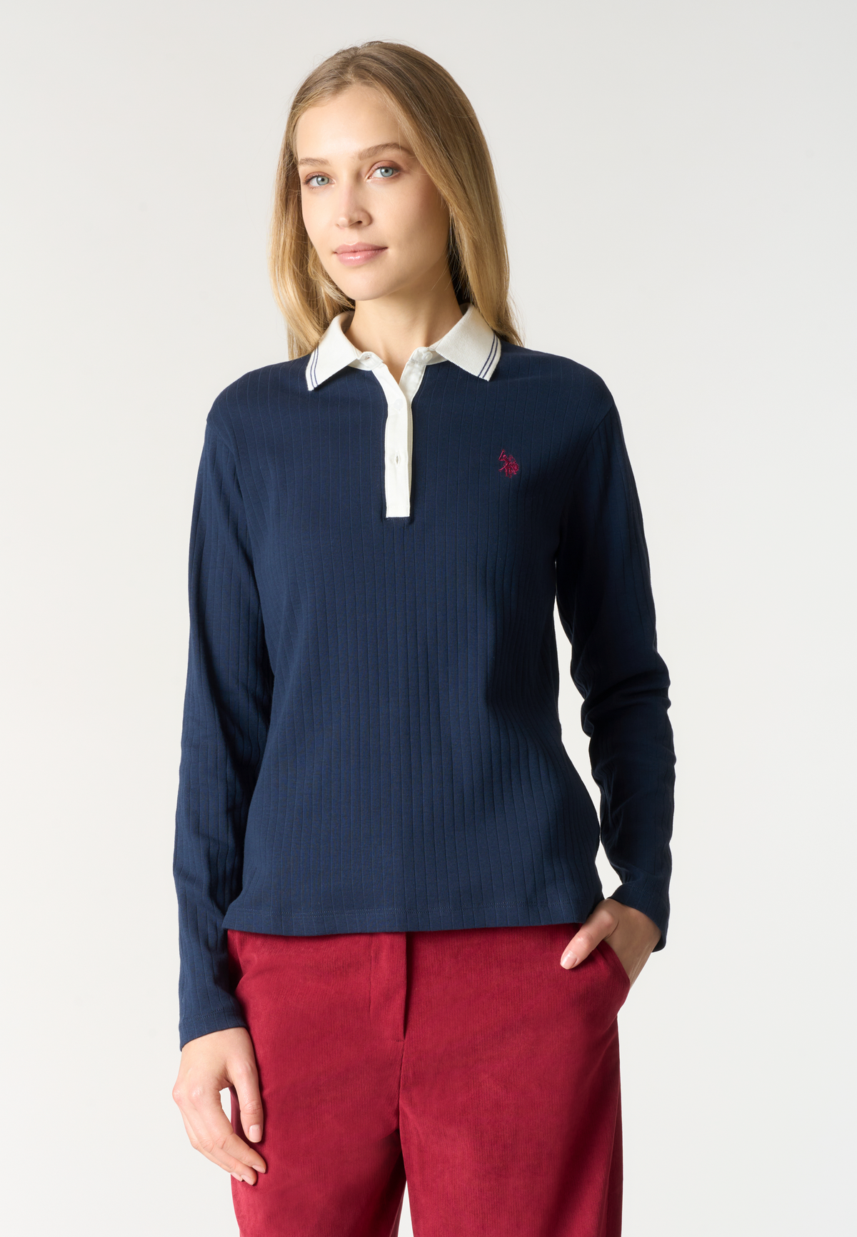 Polo shirt a maniche lunghe in cotone a costine con colletto a contrasto