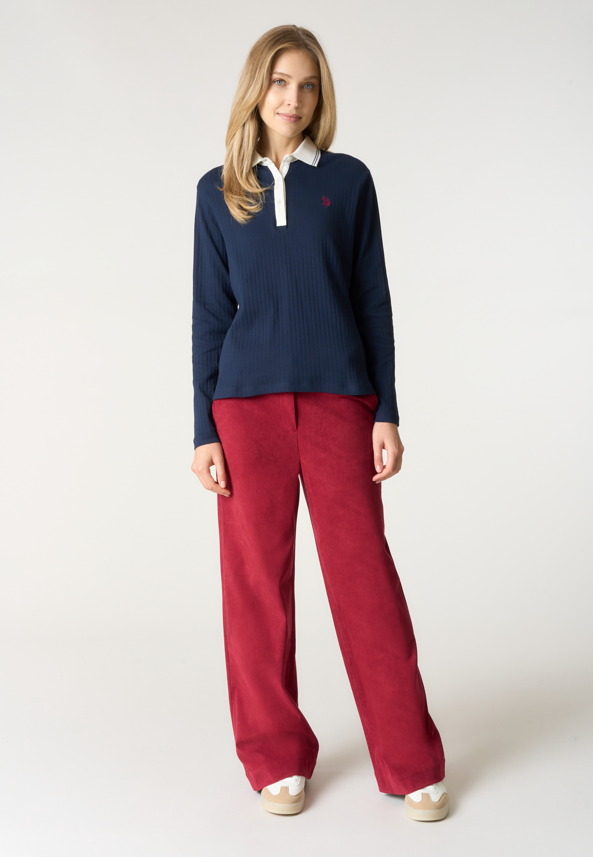Polo shirt a maniche lunghe in cotone a costine con colletto a contrasto