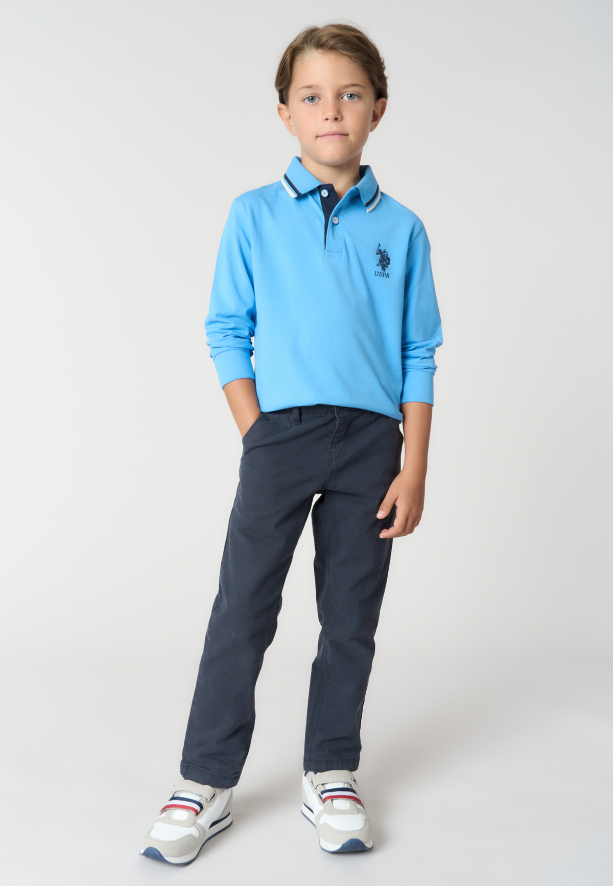 Polo shirt bambino a maniche lunghe in cotone con profili a contrasto