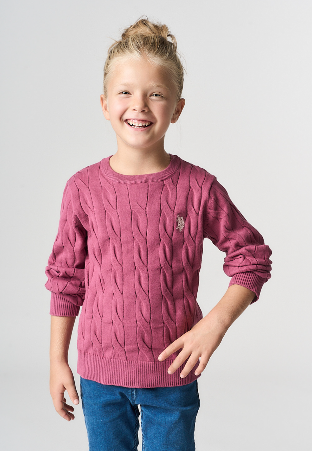 Maglione girocollo a trecce in misto cotone