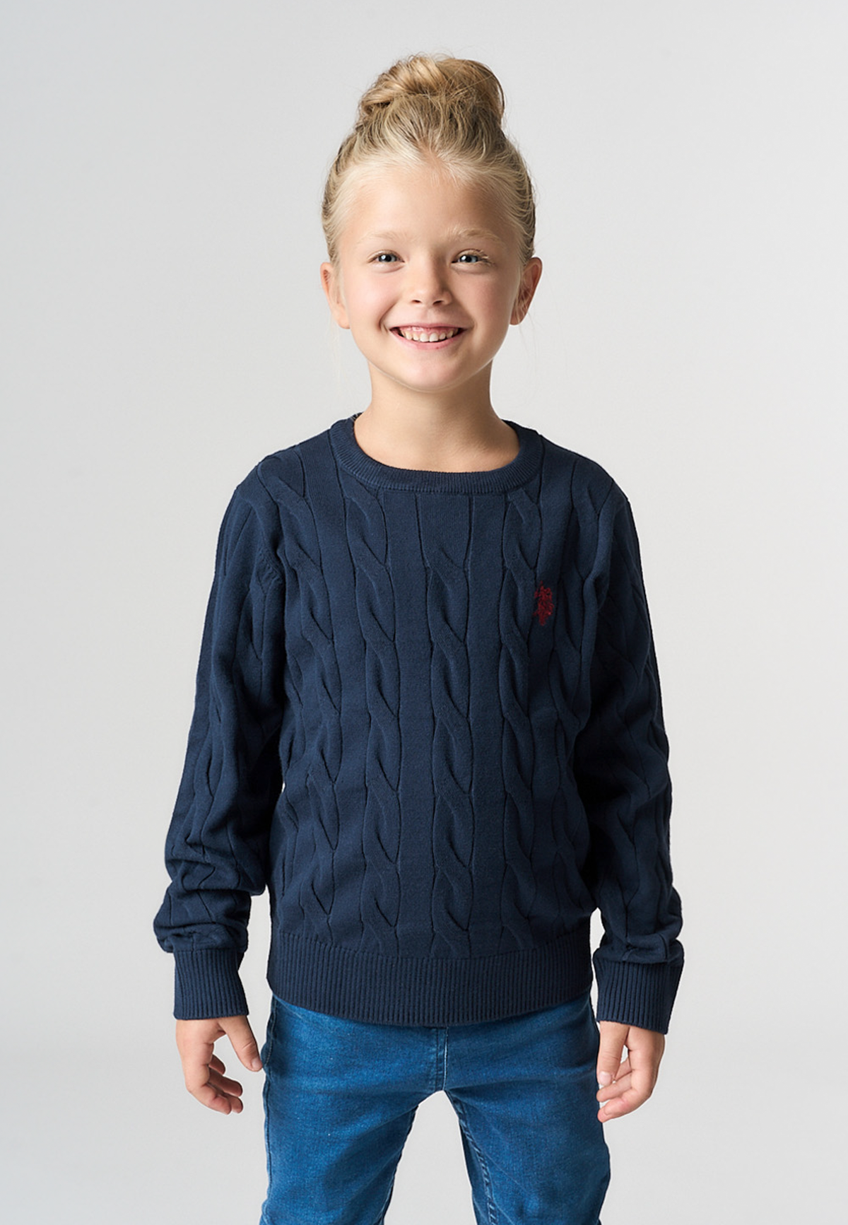 Maglione girocollo a trecce in misto cotone