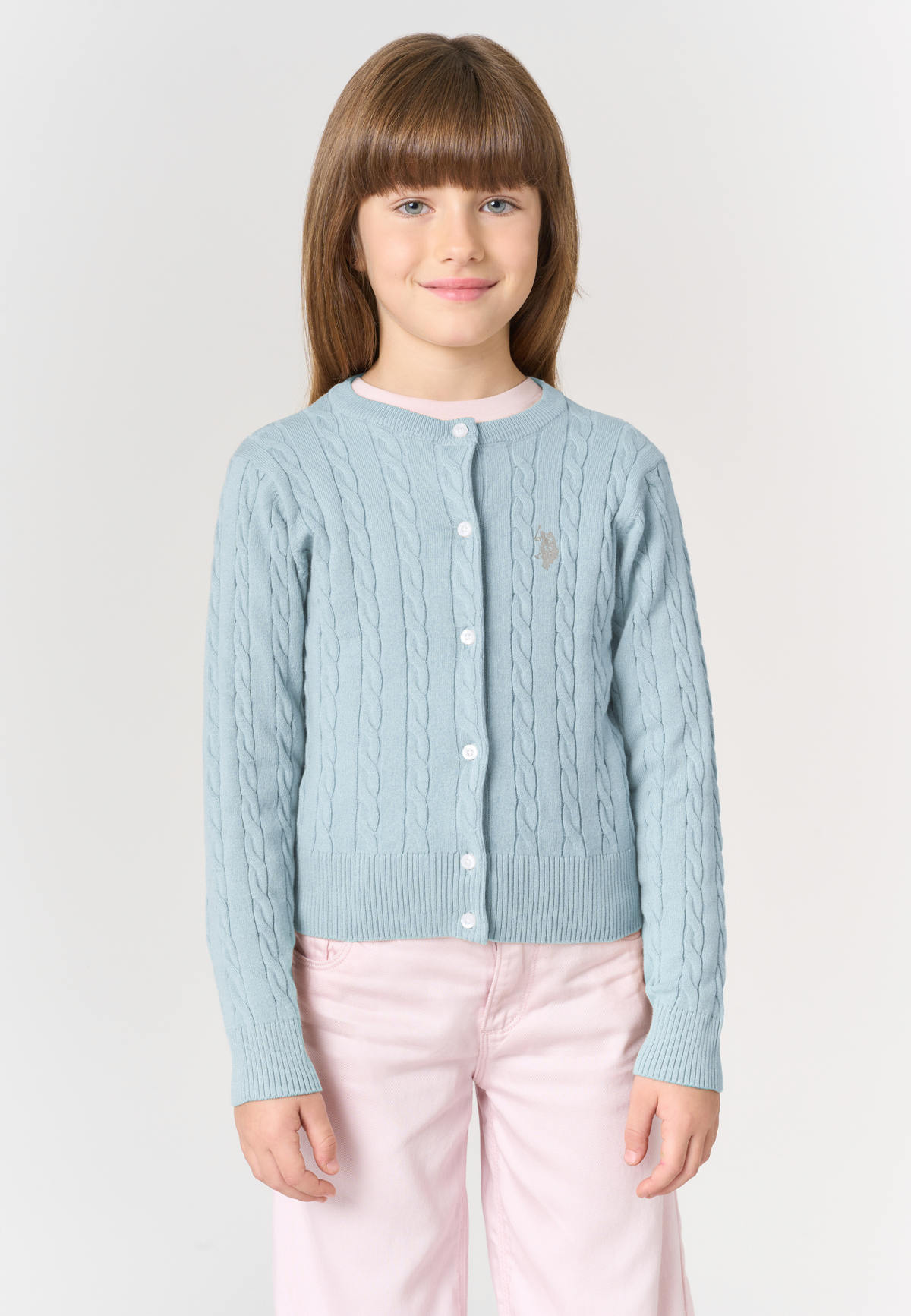 Cardigan girocollo a trecce da bambina in misto cotone
