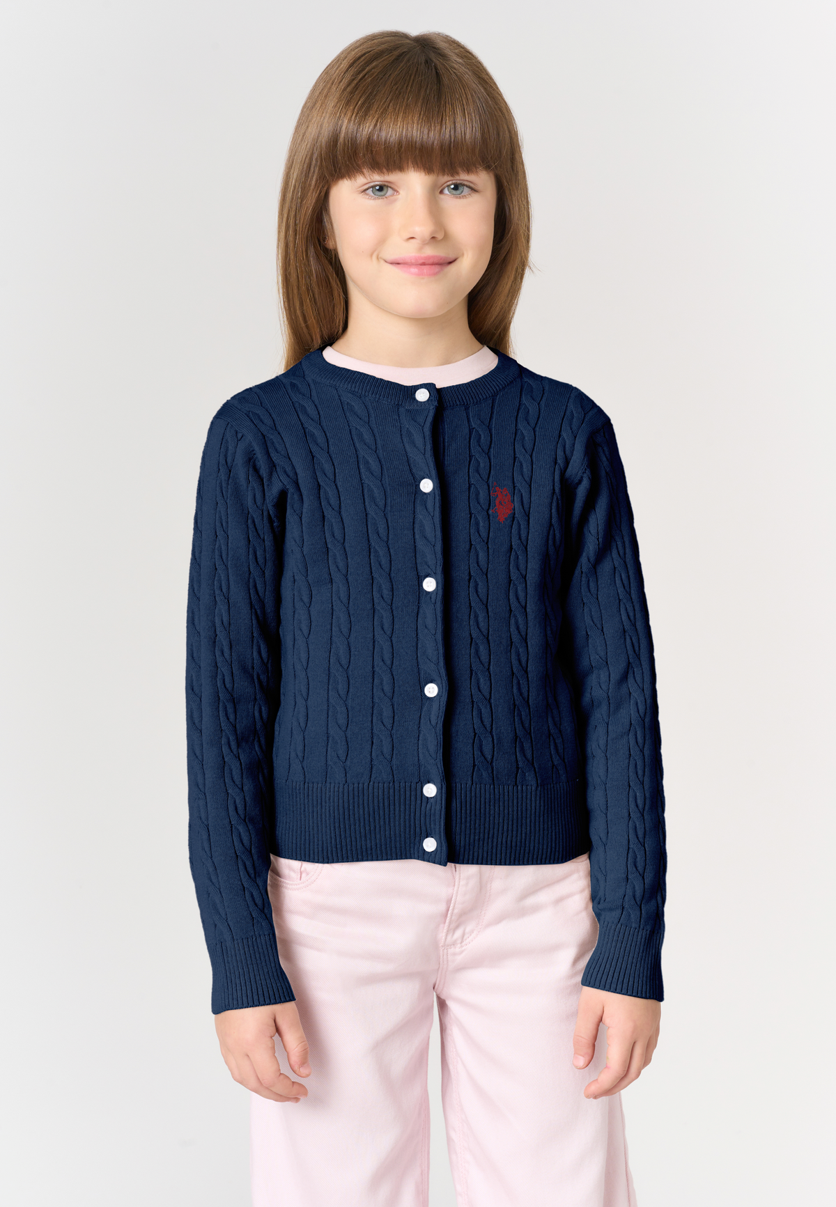 Cardigan girocollo a trecce da bambina in misto cotone