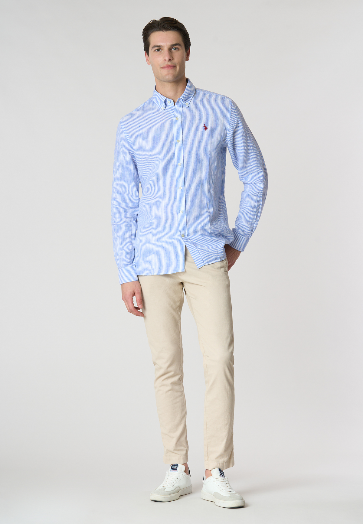 Camicia in lino chambray a righe slim fit con logo