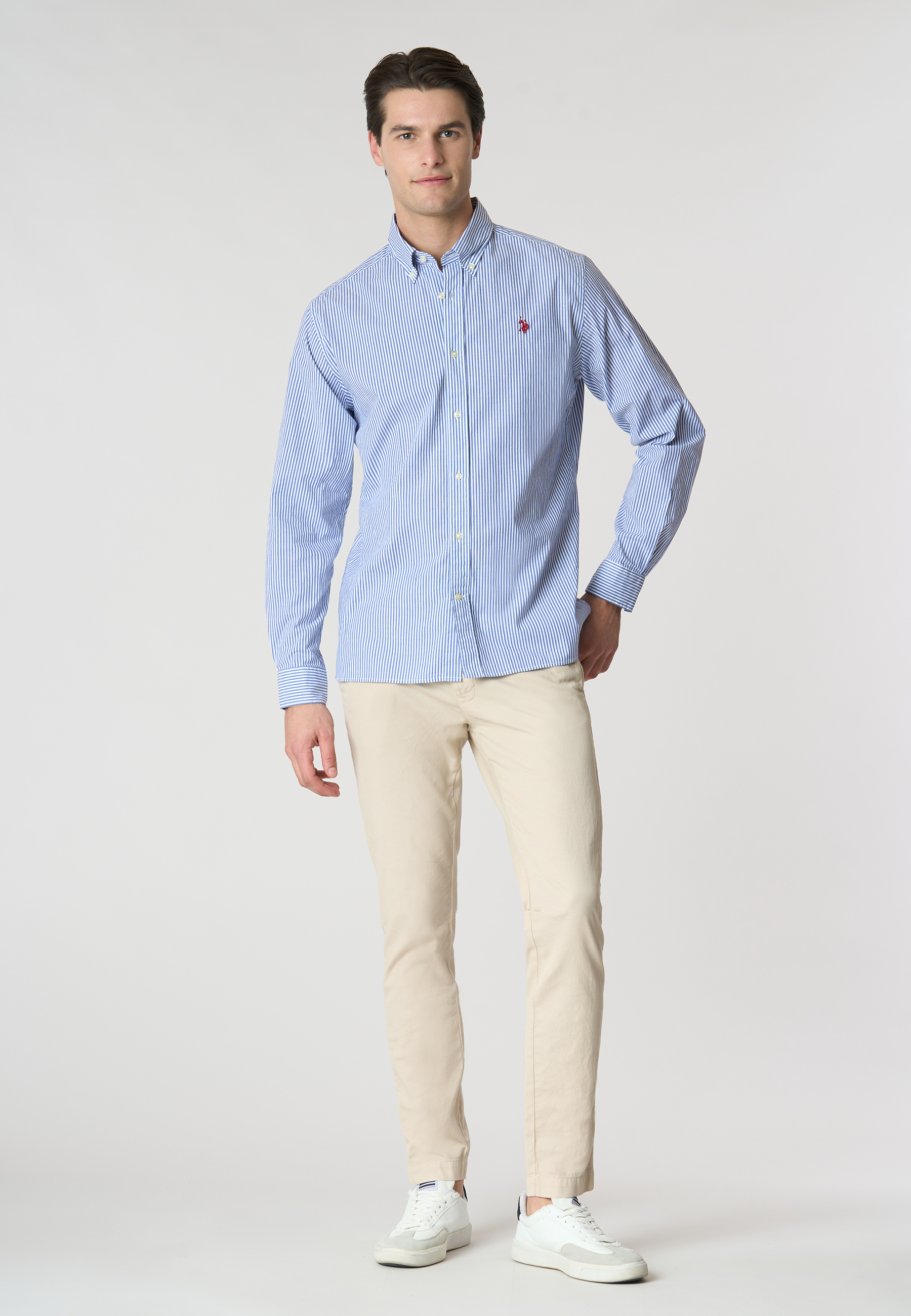 Camicia in cotone stretch popeline a righe slim fit con logo