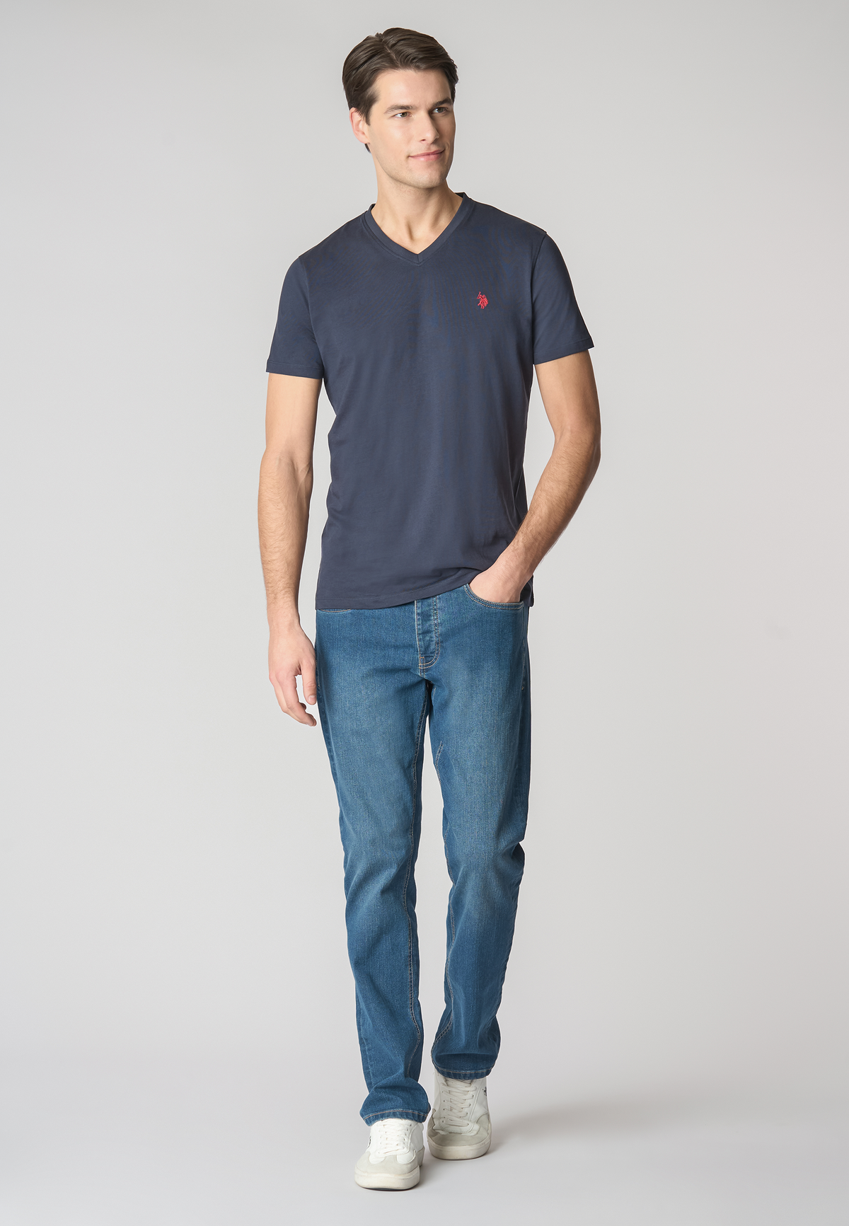T-shirt a maniche corte con scollo a V in cotone con logo