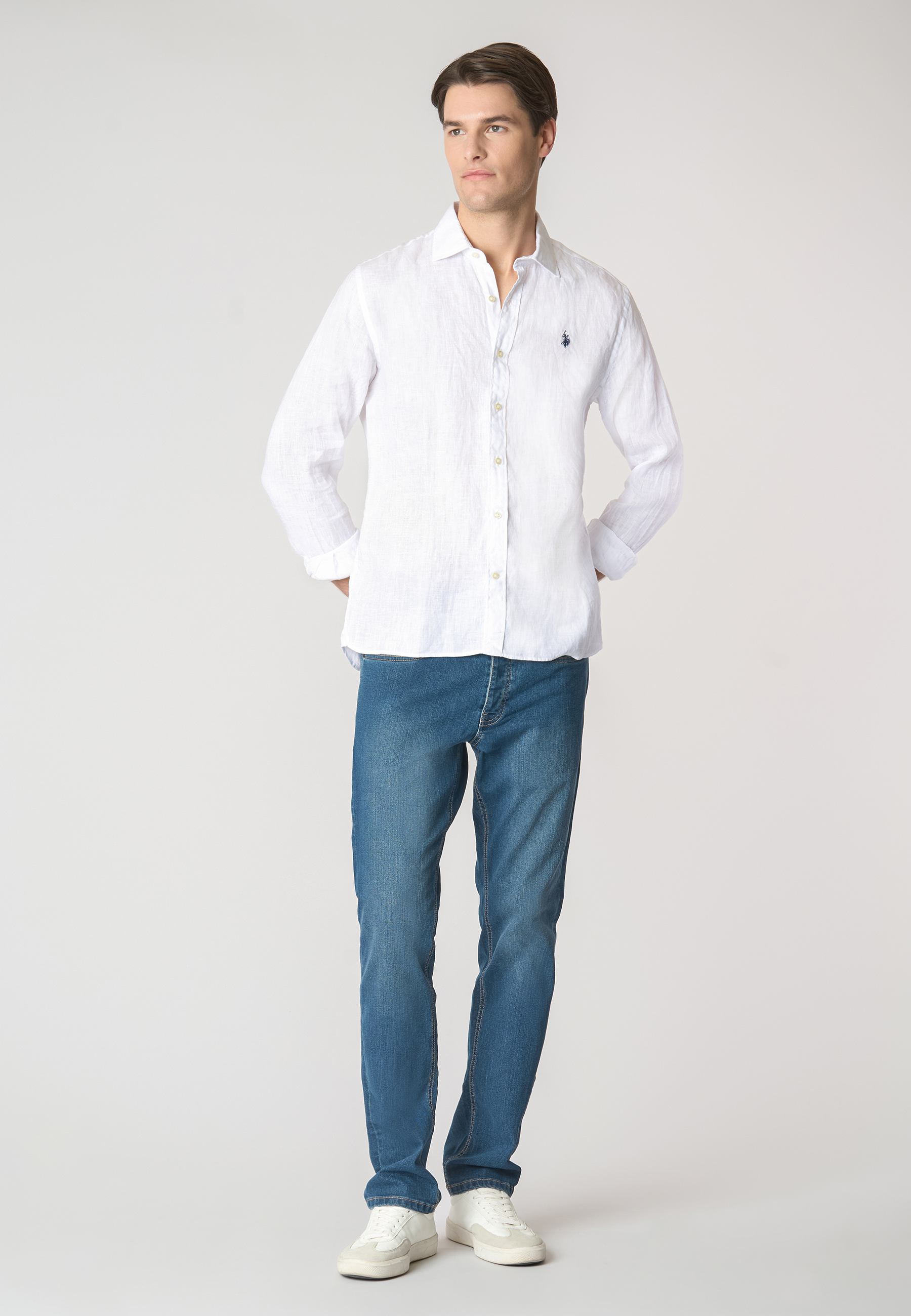 Camicia in lino chambray slim fit con logo
