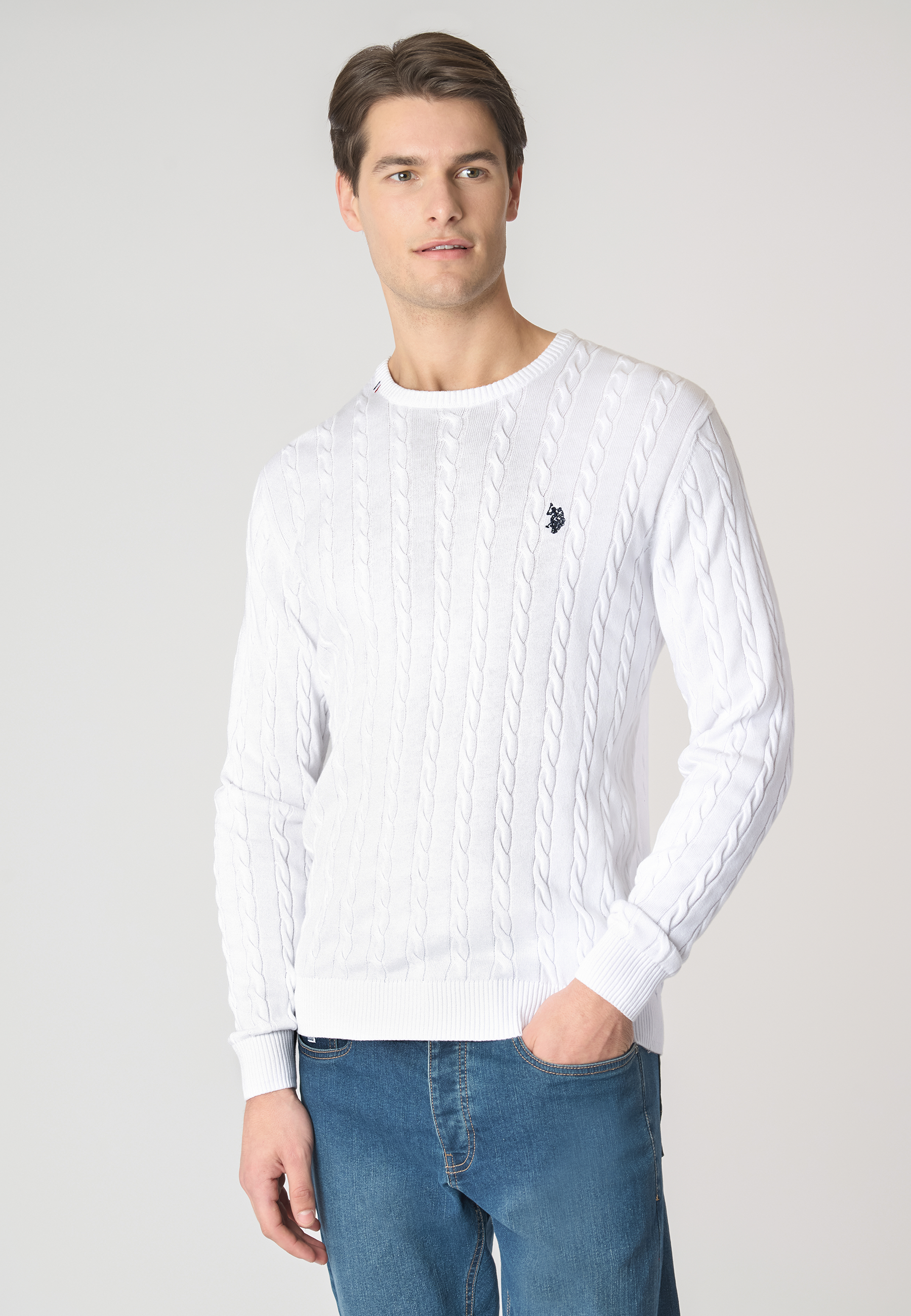 Maglia girocollo a treccia in cotone